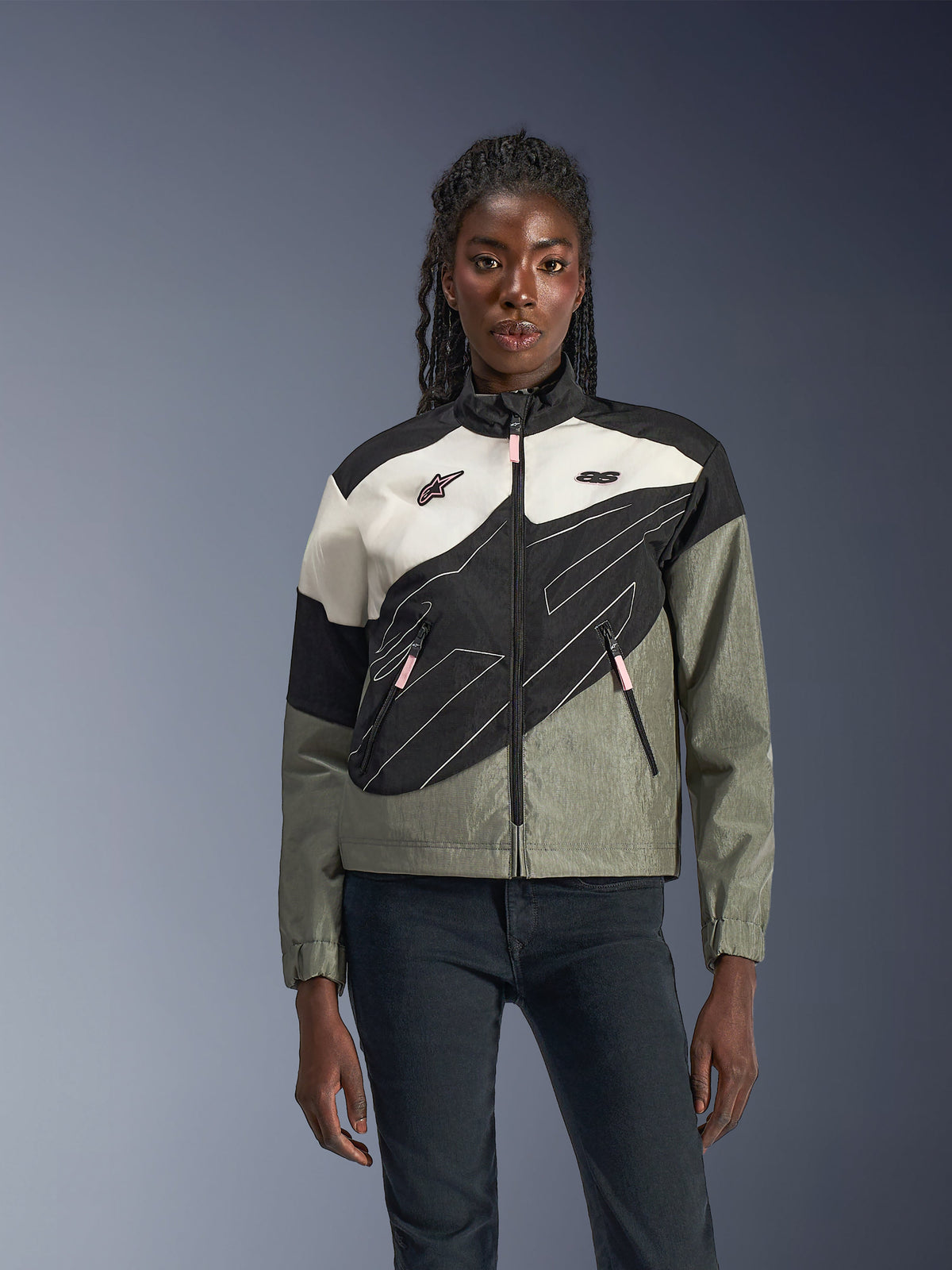 Giacca Alpinestars Stella Moshell, giacca da moto urbana da donna in tessuto antivento grigio e nero con dettagli rosa.