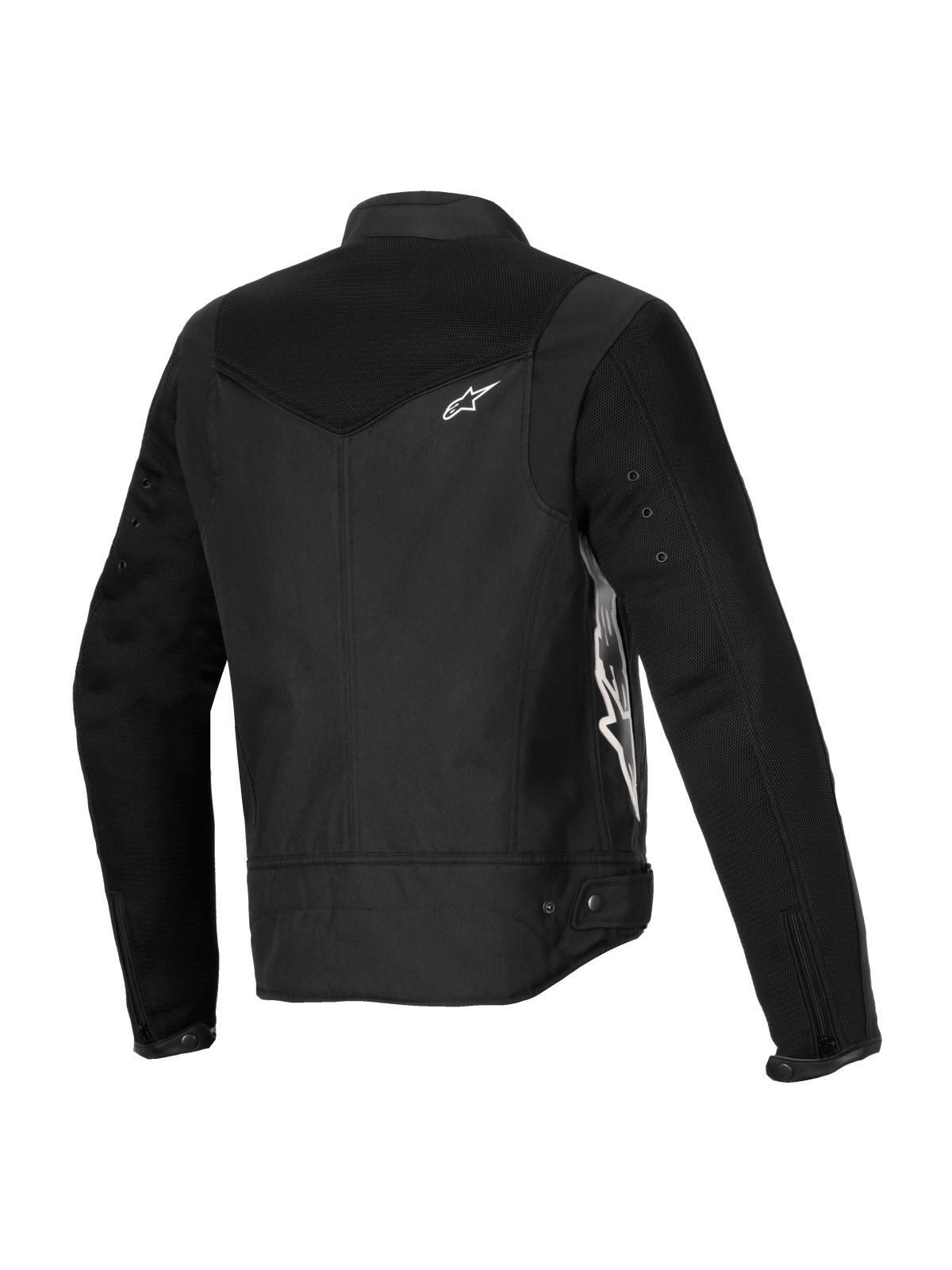 Giacca Alpinestars Stella T-Dyno Air, giacca da moto da donna, nera, vista posteriore a tre quarti con pannelli estesi in rete 3D sul giogo e sulle maniche, logo Alpinestars bianco e costruzione tessile su misura per la guida estiva