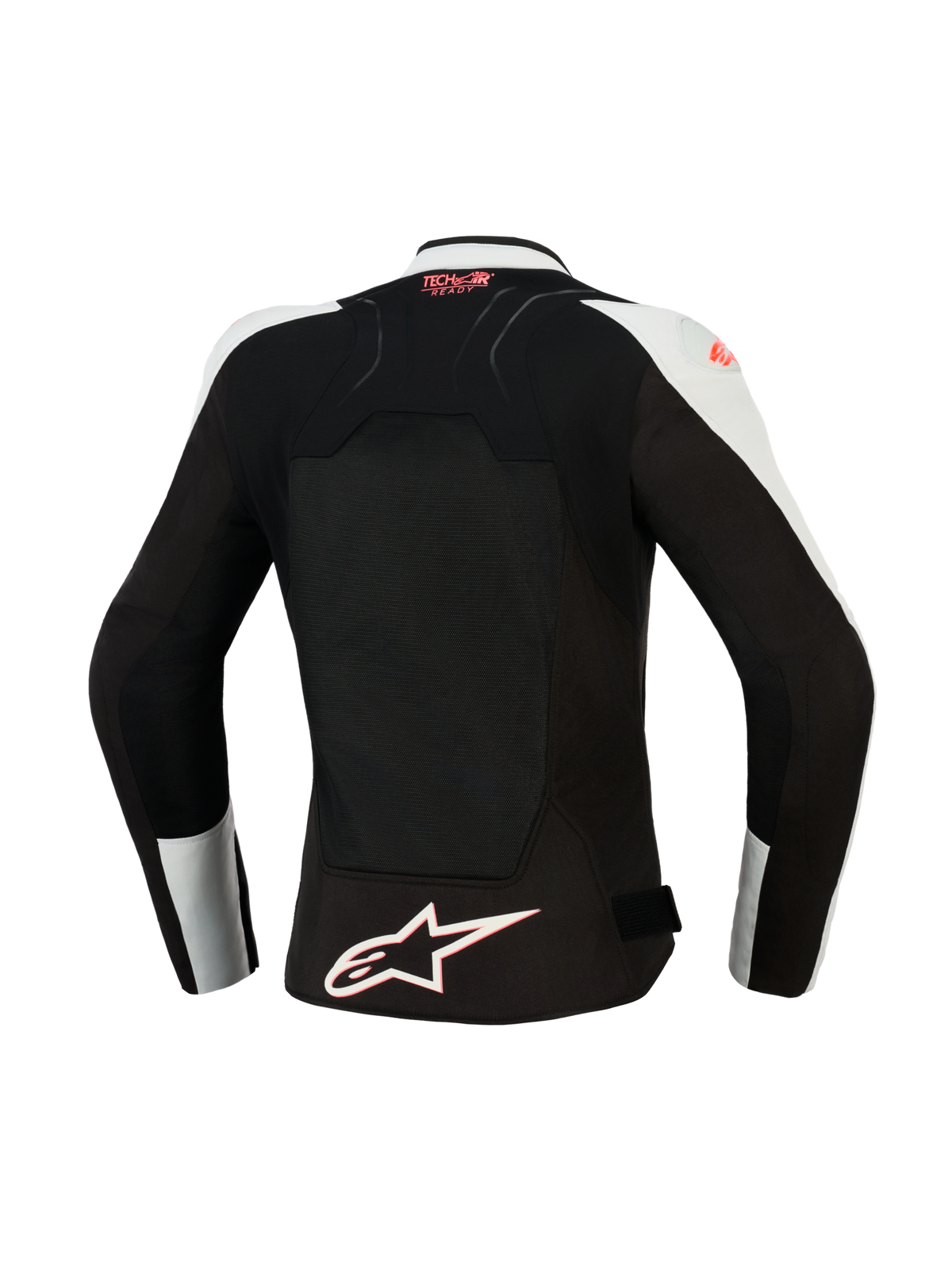 Giacca Alpinestars Stella SMX Air da donna, vista posteriore, colore Ice Gray e Nero con accenti Coral Fluo, caratterizzata da un ampio pannello posteriore in rete ventilata, marchio Tech-Air Ready sulla parte superiore e logo Alpinestars a stella bianco sull'orlo.