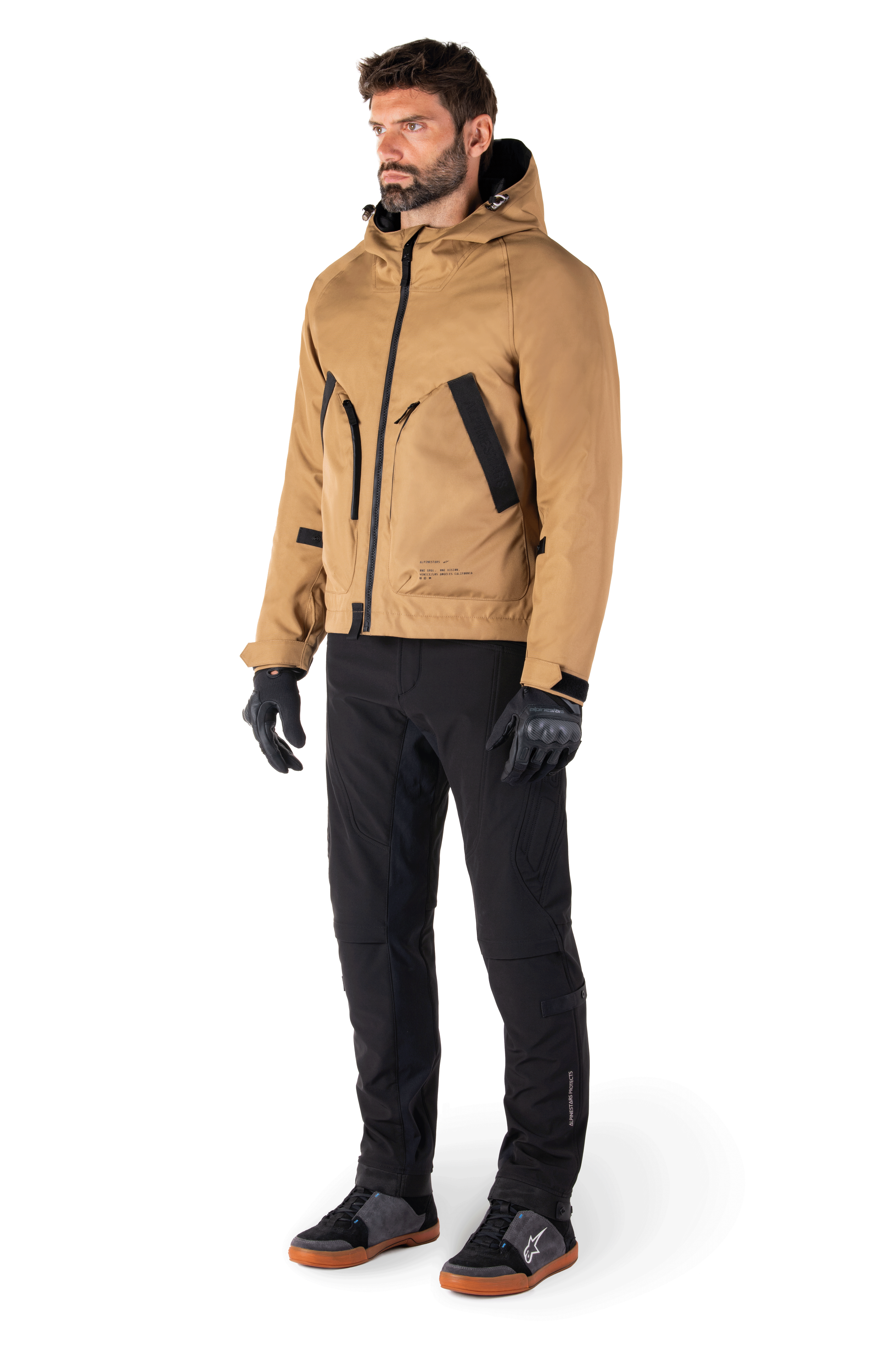 Pantaloni Alpinestars Alden, pantaloni da moto urban, nero, tessuto softshell a 3 strati con dettagli trapuntati su gambe e vita, pantaloni da guida regular fit ispirati allo streetwear