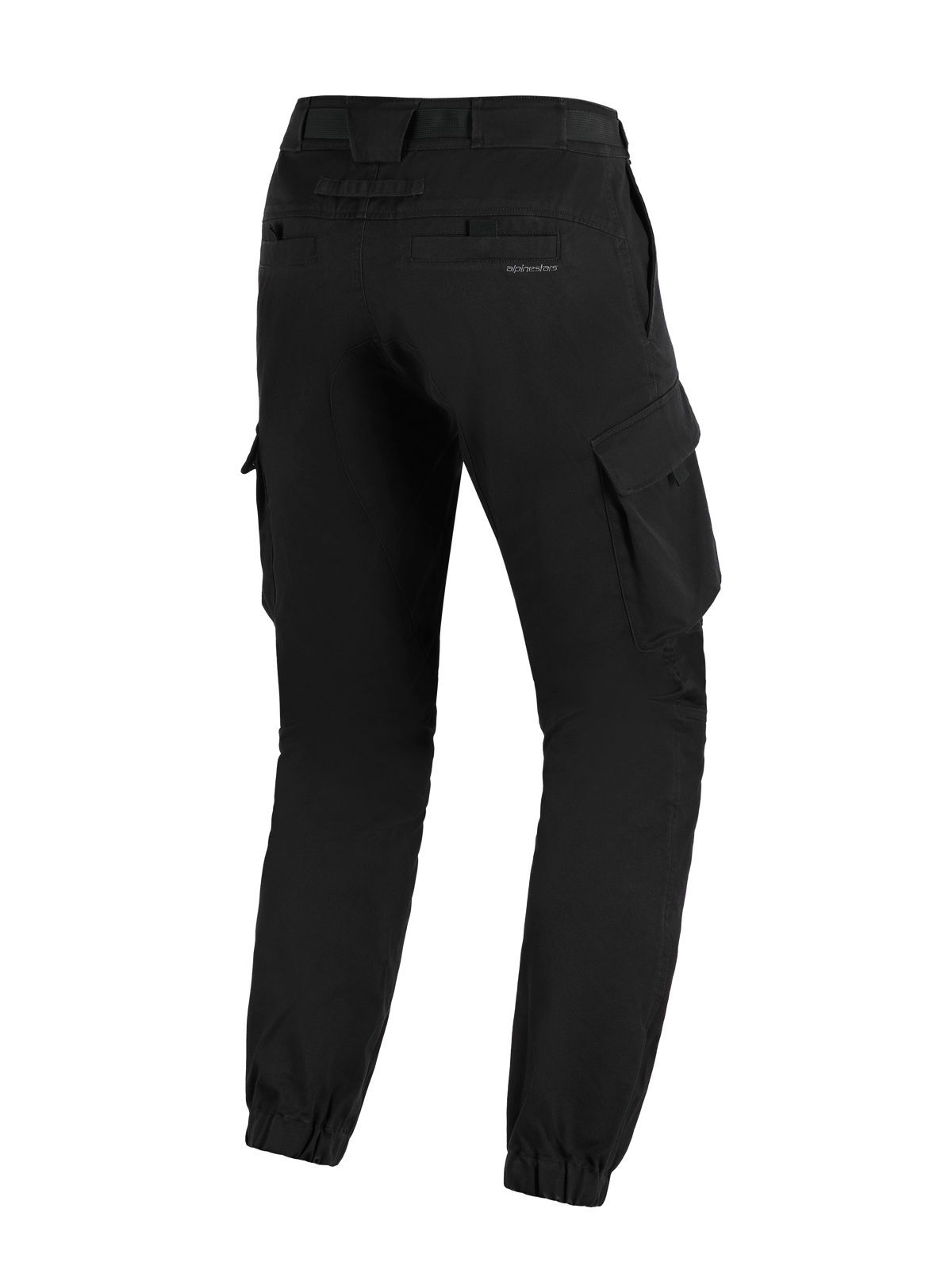 Alpinestars Pantaloni Cargo Flex-AST - Short, nero, vista posteriore di pantaloni da moto urbani caratterizzati da vestibilità affusolata, orli elasticizzati alle caviglie, tasche cargo laterali e discreto logo sulla tasca posteriore.