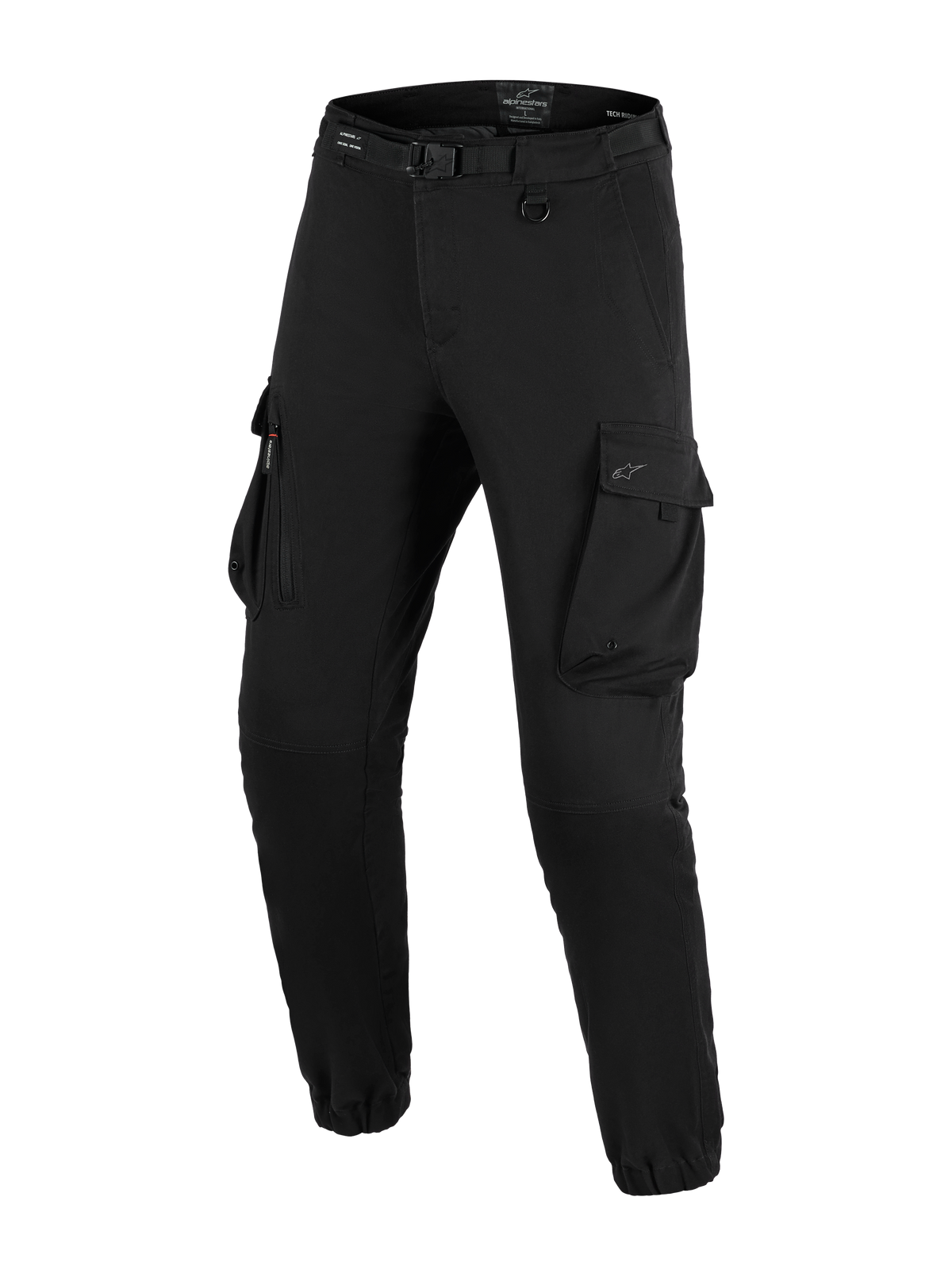 Pantaloni Cargo Alpinestars Flex-AST - Corti, pantaloni da moto urbani, nero, vestibilità regolare affusolata con orli elasticizzati, dotati di cintura integrata con fibbia, anello a D e ampie tasche cargo laterali.