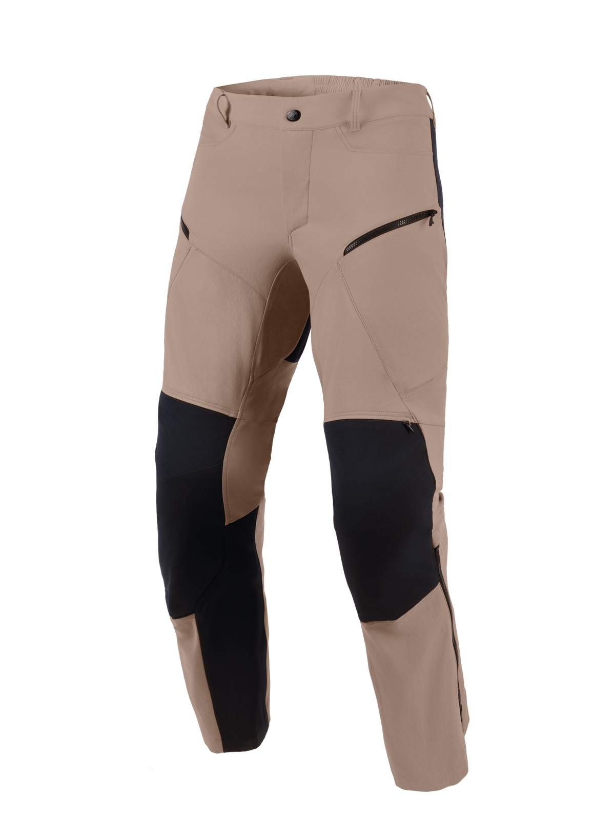 Pantaloni Alpinestars Flex-AST Explorer, Walnut Black, pantaloni da moto adventure in tessuto elasticizzato marrone noce con pannelli di rinforzo in ripstop nero su ginocchia e interno gamba, tasche cargo con zip e design robusto per diversi tipi di terreno.