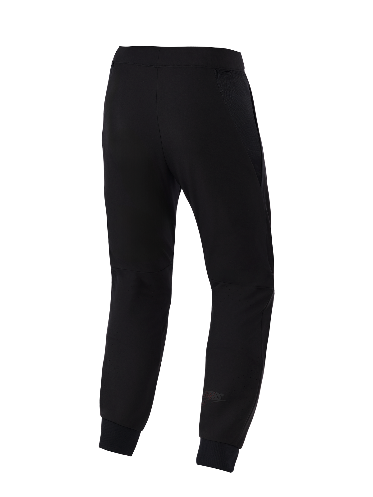Alpinestars Aeroshell Airflow Pants, pantaloni da moto, nero, vista posteriore con telaio in softshell elasticizzato leggero, pannelli in mesh 2D integrati per la traspirabilità, zone del polpaccio perforate al laser e discreto logo Astars sulla parte inferiore della gamba.