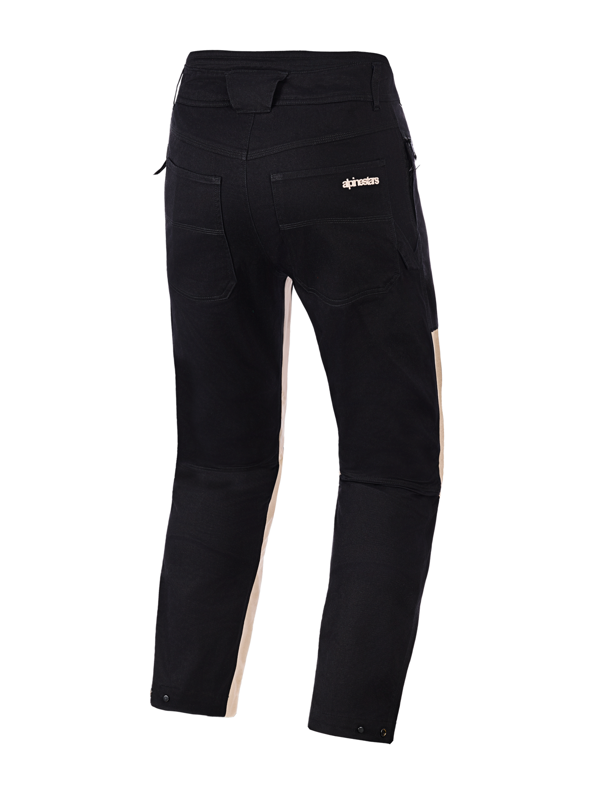 Pantaloni Alpinestars Flex-AST Canvas, vista posteriore, Black Aluminum, in twill di policotone nero con accenti sabbia chiaro sull'interno gamba, doppie tasche posteriori con marchio Alpinestars e bottoni a pressione per la regolazione sul fondo gamba, pantaloni da moto urbani dal design ispirato al workwear.
