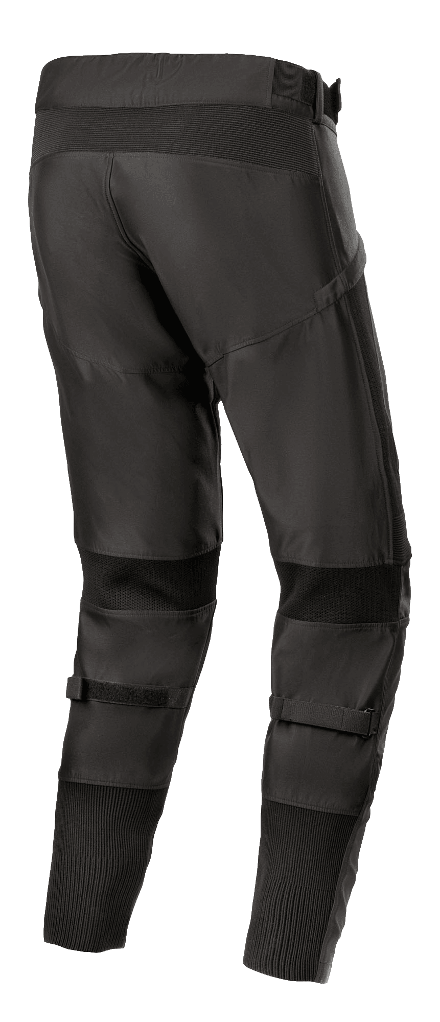 Alpinestars T SP-5 Rideknit® Pants, pantaloni da moto in tessuto, nero, vista posteriore che evidenzia il profilo posteriore alto e la vestibilità affusolata, pannelli elasticizzati con tecnologia a maglia dietro le ginocchia e sulle caviglie, cinturini regolabili sui polpacci, abbigliamento tecnico per guida su strada