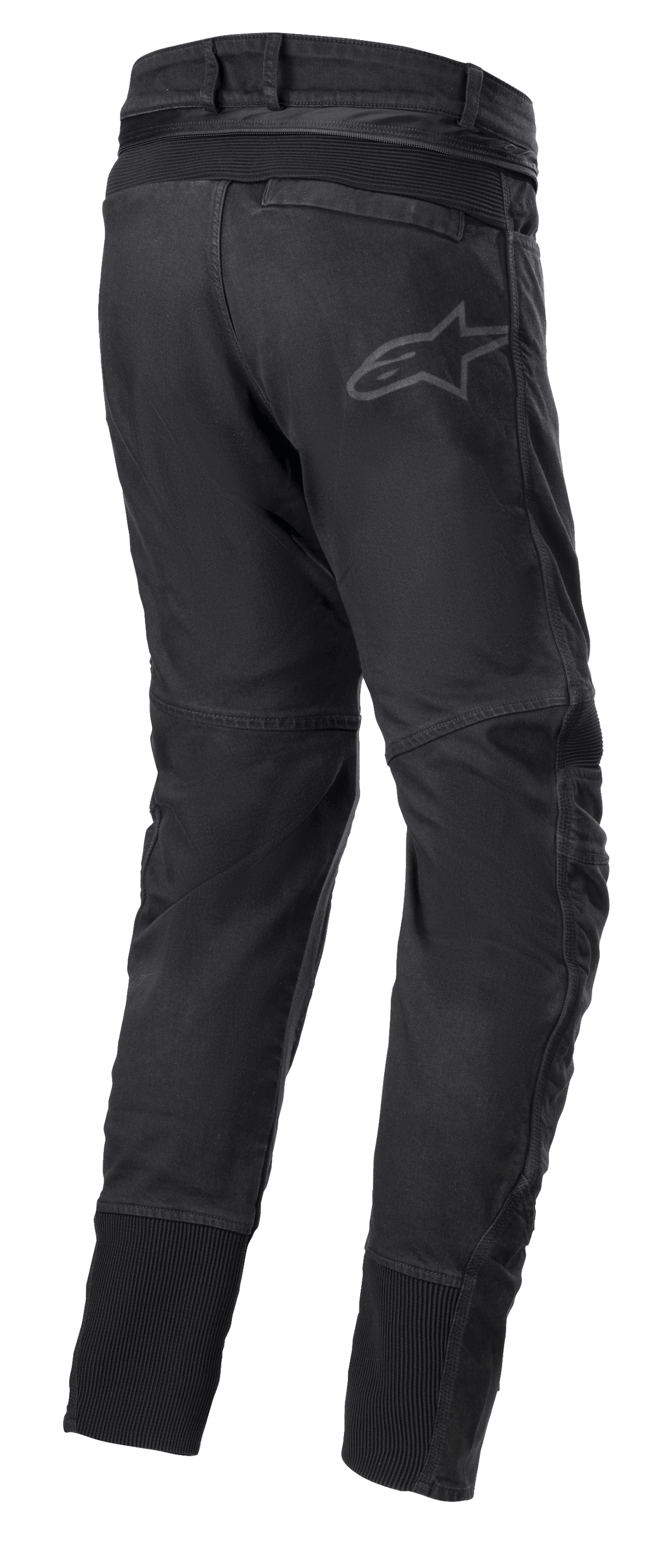 Pantaloni Alpinestars SP Pro, pantaloni tecnici sportivi da moto neri, vista posteriore con cerniera di connessione in vita, inserti elasticizzati RIDEKNIT sul carré posteriore e sui polpacci, logo discreto.