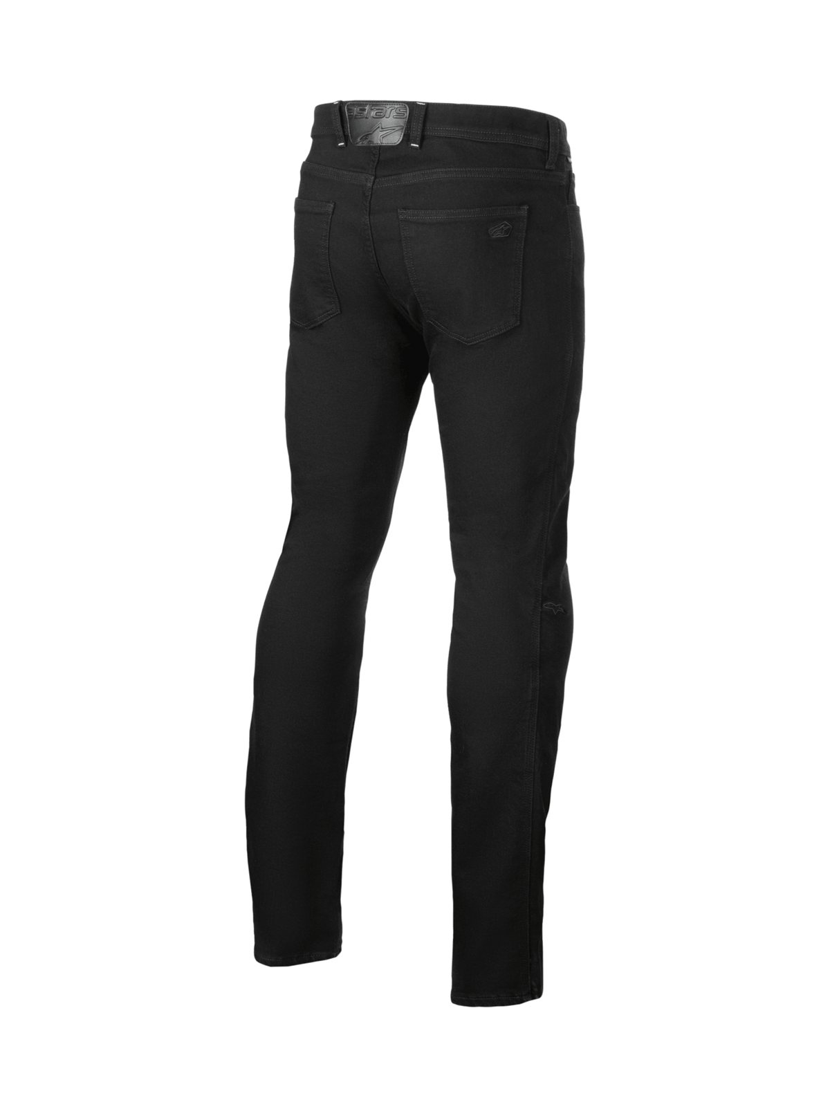 Alpinestars pantaloni jeans stretch Cult-8, jeans moto urban da uomo neri, vista posteriore con protezioni ginocchia CE.