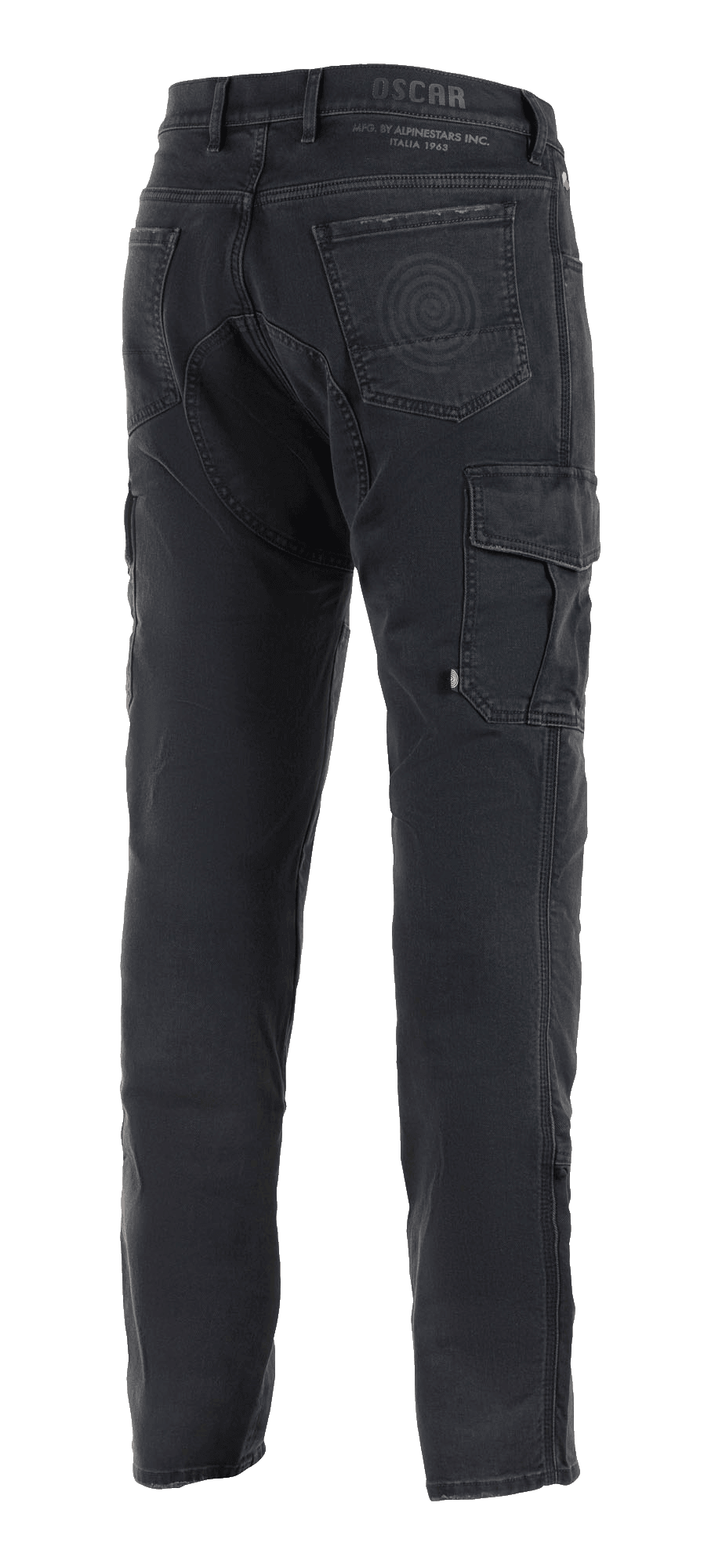 Alpinestars Barton Riding Cargo Pants, pantaloni da moto neri, vista posteriore con tasca cargo laterale, tasche posteriori con dettaglio logo a spirale, marchio Oscar by Alpinestars sulla fascia in vita, tessuto a maglia in stile denim casual.