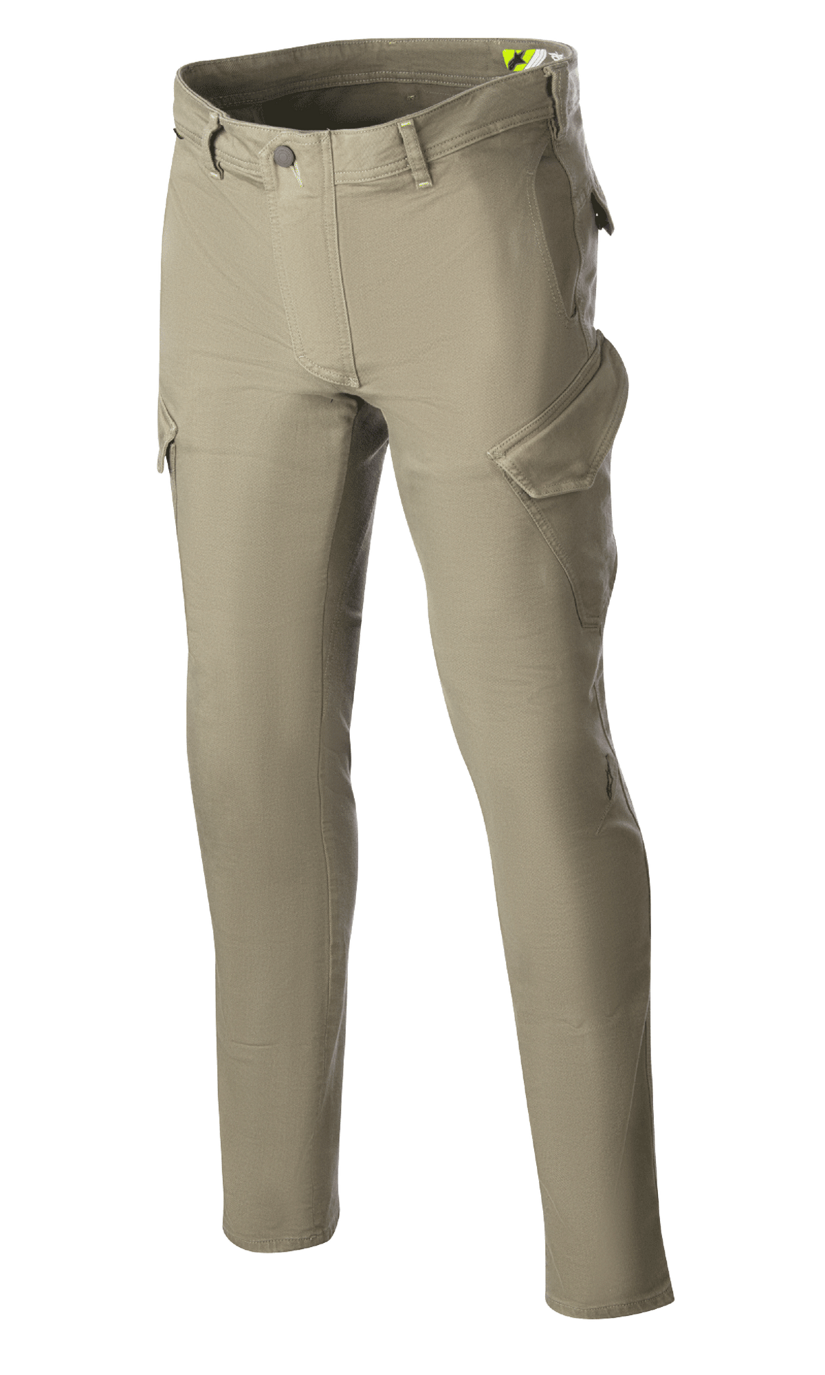 Alpinestars Caliber Slim Fit Tech Riding Pants, pantaloni da moto, verde militare, silhouette slim-fit con tasche cargo stile combat, tessuto denim Cordura stretch, passanti per cintura e design funzionale per la guida urbana e su strada