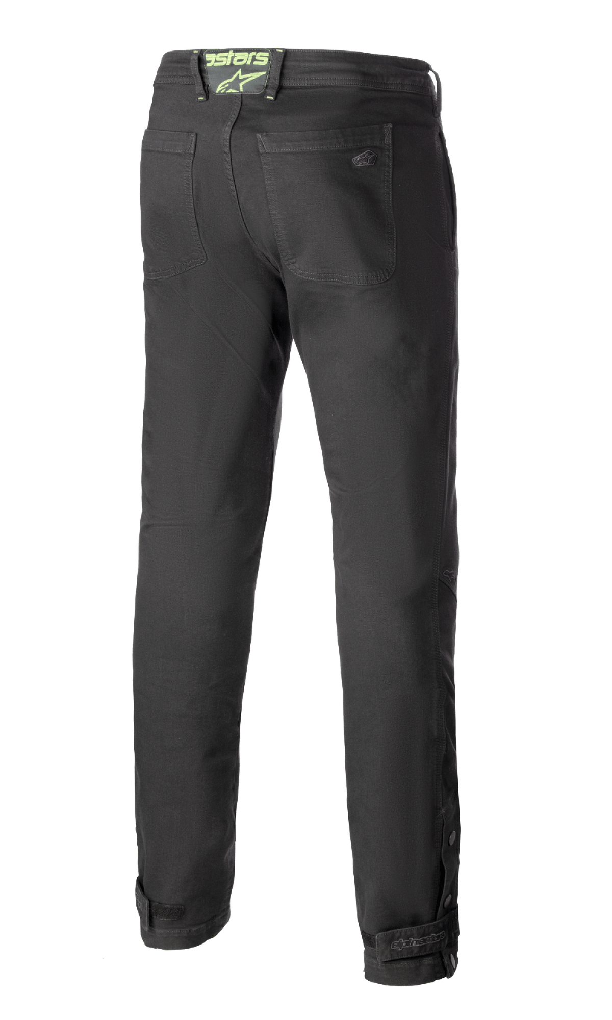 Alpinestars Stratos Regular Fit Tech Riding Pants, pantaloni da moto, Grigio Antracite, vista posteriore con vestibilità affusolata, tasche posteriori, logo Alpinestars verde neon sul girovita e chiusure regolabili sui polpacci