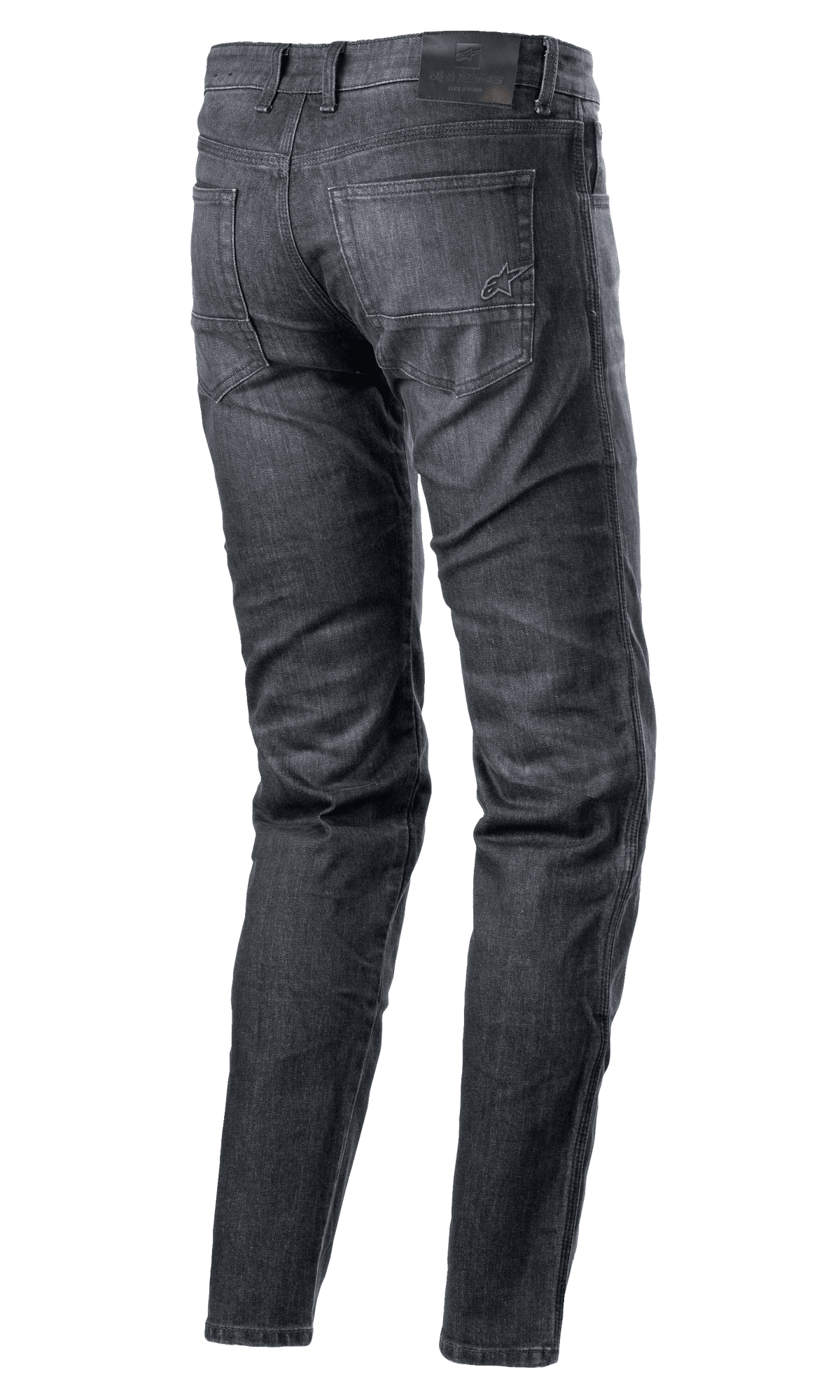Pantaloni Alpinestars Sektor Regular Fit Denim, jeans da moto, Black Washed, vista posteriore con design a cinque tasche, logo ricamato sulla tasca posteriore, toppa in pelle nera sulla vita, gamba affusolata, abbigliamento tecnico urban