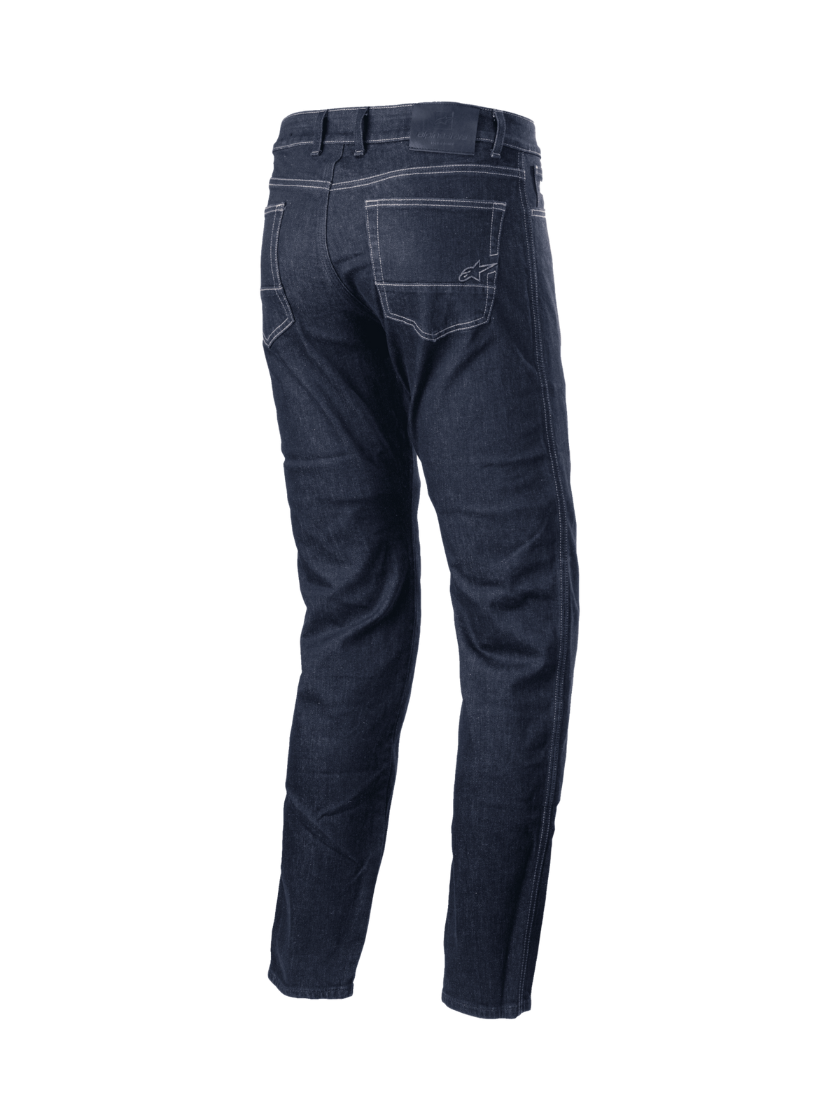 Pantaloni Sektor Regular Fit Jeans, jeans da moto urban da uomo, neri, con rinforzi aramidici, cuciture triple e logo Alpinestars ricamato sulla tasca posteriore.