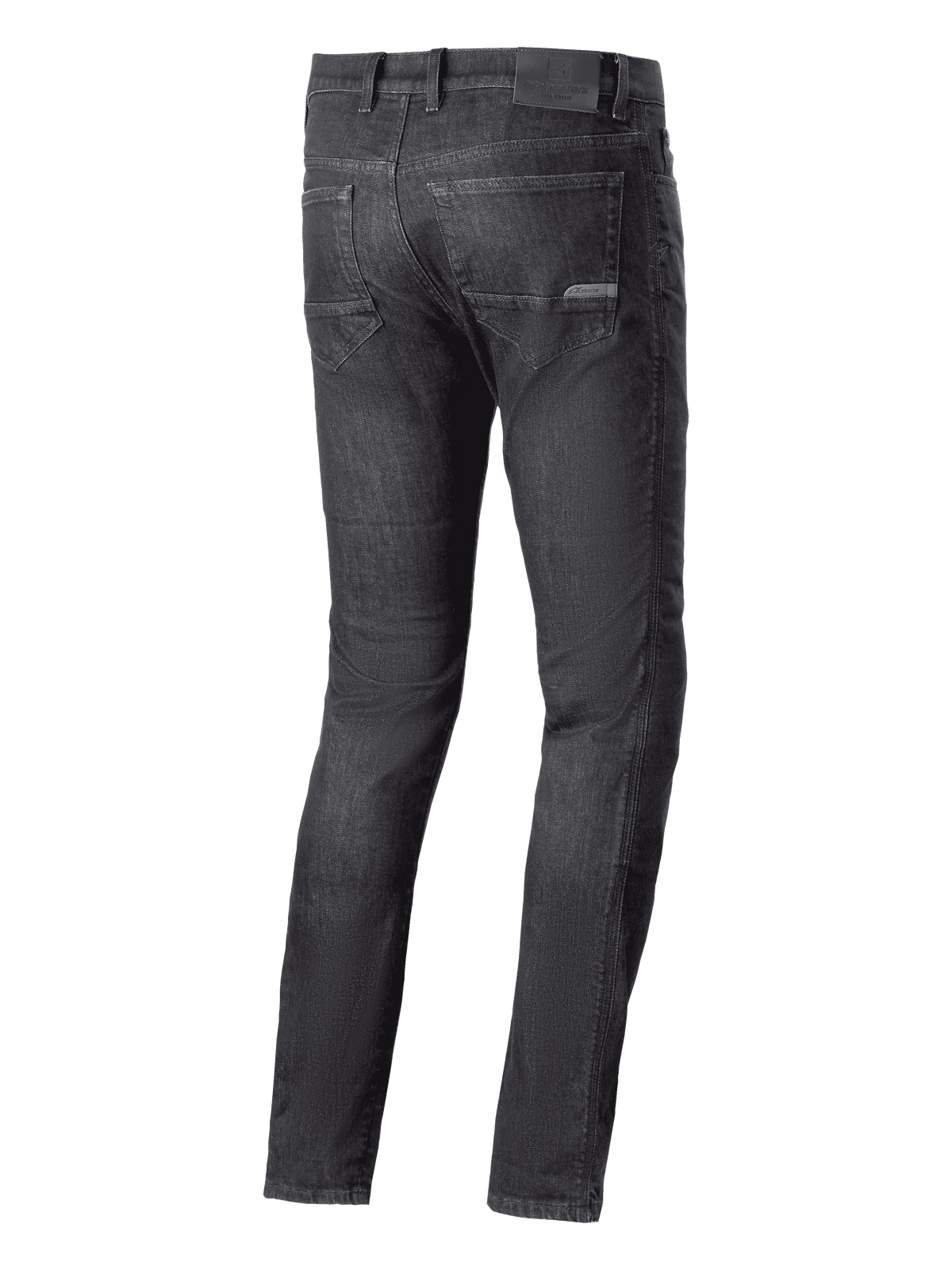 Alpinestars Cerium Denim Tech Riding Pants, jeans da moto, nero lavato, vista posteriore con tasche posteriori e patch del logo sulla cintura, stile urban casual per la guida