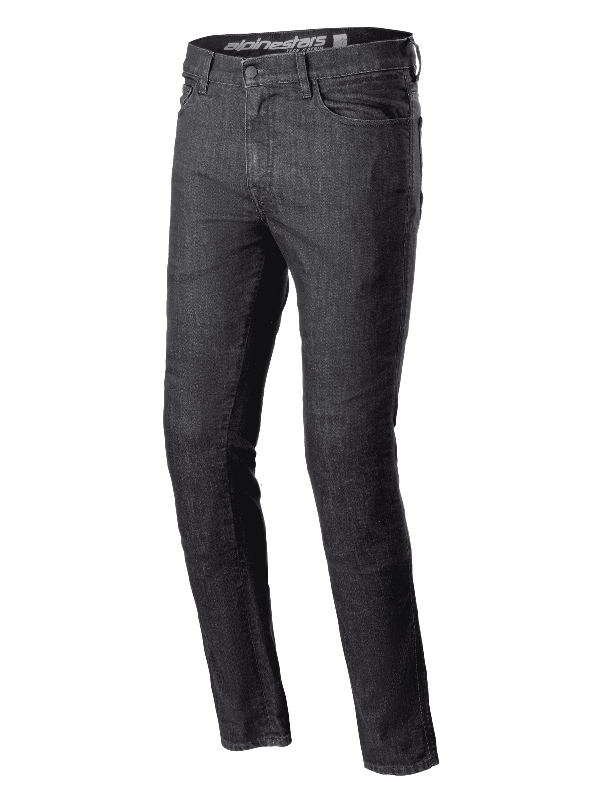 Alpinestars Cerium Denim Tech Riding Pants, pantaloni da moto in denim nero lavato, vestibilità slim fit, classico design a cinque tasche, robusta costruzione in denim, passanti per cintura, chiusura con bottone e zip, abbigliamento tecnico urbano contemporaneo