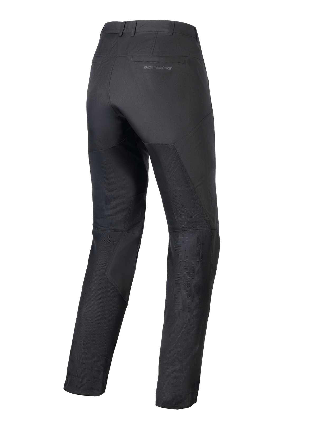 Alpinestars Pantaloni Stella C-1 Air Donna, pantaloni da moto neri, vista posteriore, mostrano ampi pannelli in mesh tecnico sulle gambe per il flusso d'aria, design urbano elegante con branding discreto sulla tasca posteriore