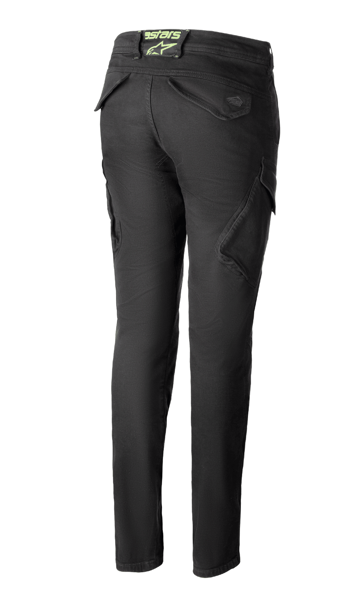Alpinestars Caliber Women's Tech Riding Denim in Antracite, vista posteriore, pantaloni stile combat slim fit con tasche cargo funzionali e logo astars verde lime sulla vita posteriore.