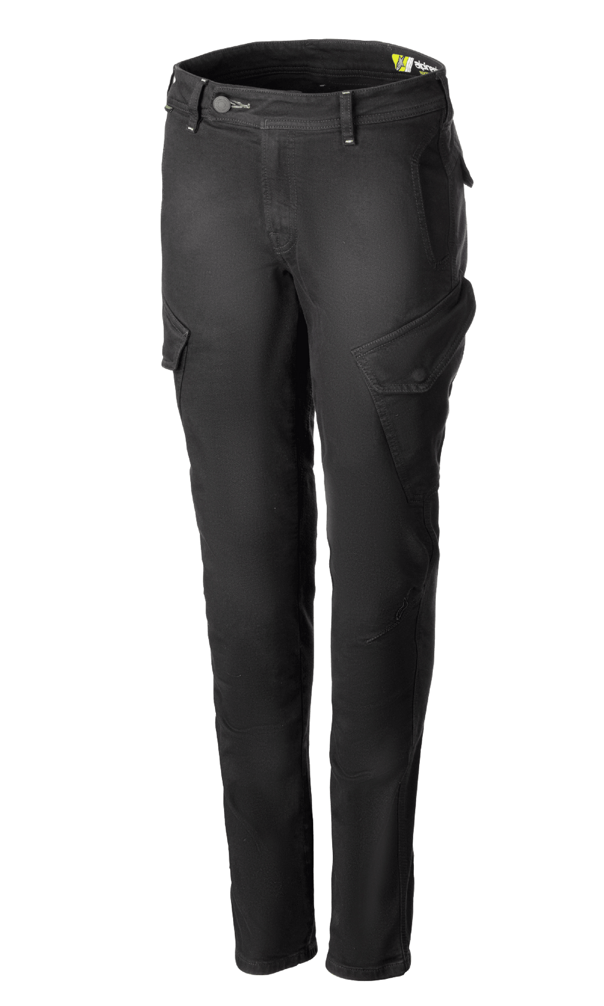 Alpinestars Caliber Women's Tech Riding Denim, pantaloni cargo da moto grigio antracite, silhouette slim-fit con tasche laterali a patta inclinate, passanti per cintura e chiusura con zip e bottone, resistente denim Cordura® stretch, abbigliamento protettivo da moto urbano.