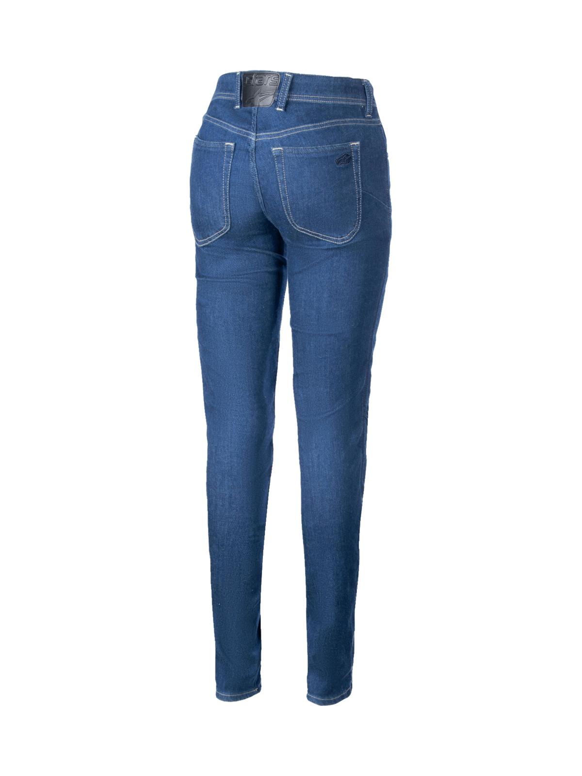 Alpinestars Jeans Da Moto Daisy V3, jeans moto da donna con vestibilità slim fit, blu, in denim elasticizzato con rinforzi in fibra aramidica e tasche per protezioni, vista posteriore su sfondo nero