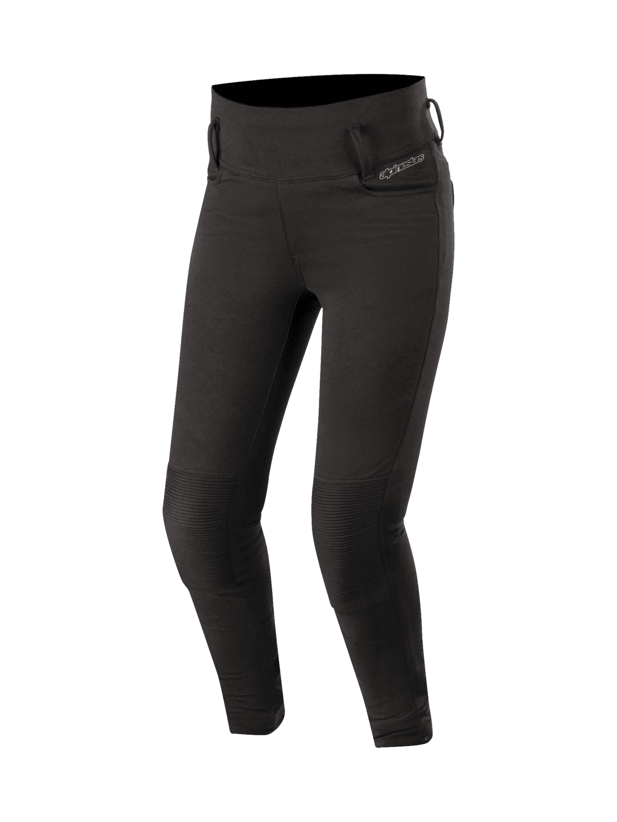 Alpinestars Leggings Banshee, leggings da moto da donna in nero, inserti a fisarmonica sulle ginocchia, protezioni certificate CE, stile urban casual in tessuto elastico con fodera aramidica