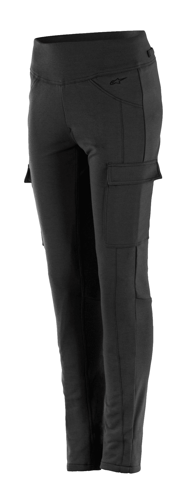 Alpinestars Women's Iria Leggings, leggings da moto neri, vestibilità slim a vita alta, tasca cargo laterale con chiusura a patta, logo discreto sul fianco, struttura in tessuto resistente per la guida urbana