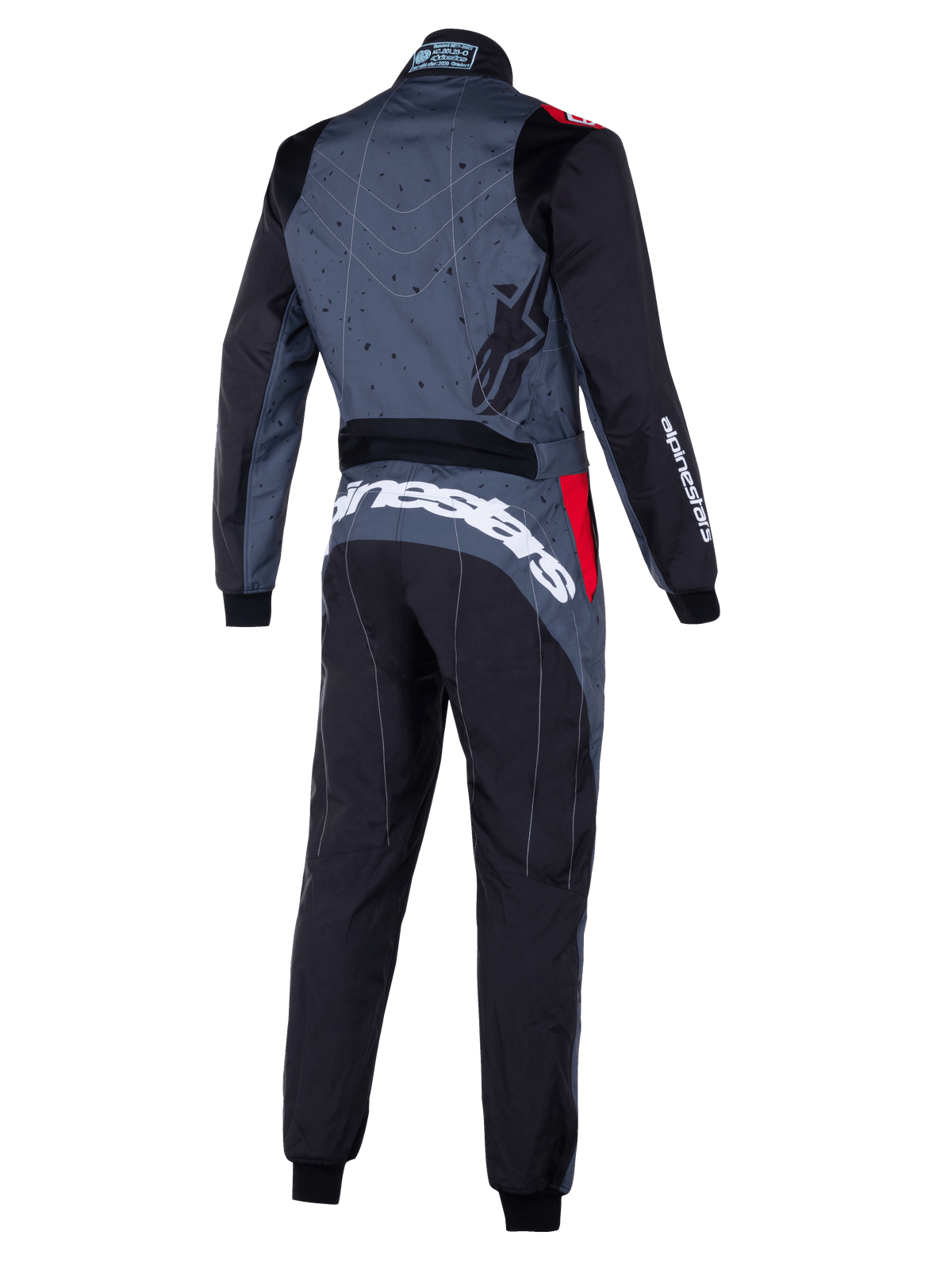 Alpinestars KMX-9 V3 Graphic 6 Suit, tuta da kart grigia e nera con accenti rossi, vista posteriore con schiena a motivi grafici, marchio Alpinestars bianco sulla parte inferiore della schiena e pannelli ergonomici per prestazioni nel motorsport.