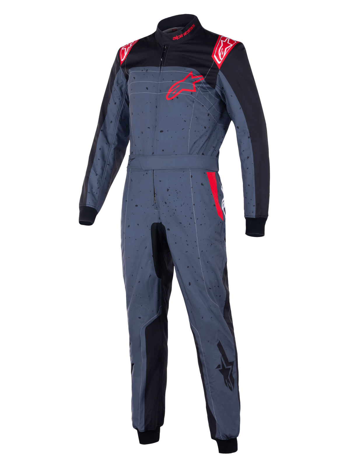 Tuta Alpinestars KMX-9 V3 Graphic 6, tuta da kart, grigio antracite con accenti neri e rossi, design grafico puntinato, logo a stella rosso sul petto, pannelli interni neri e dettagli rossi sulle spalle, abbigliamento professionale da motorsport