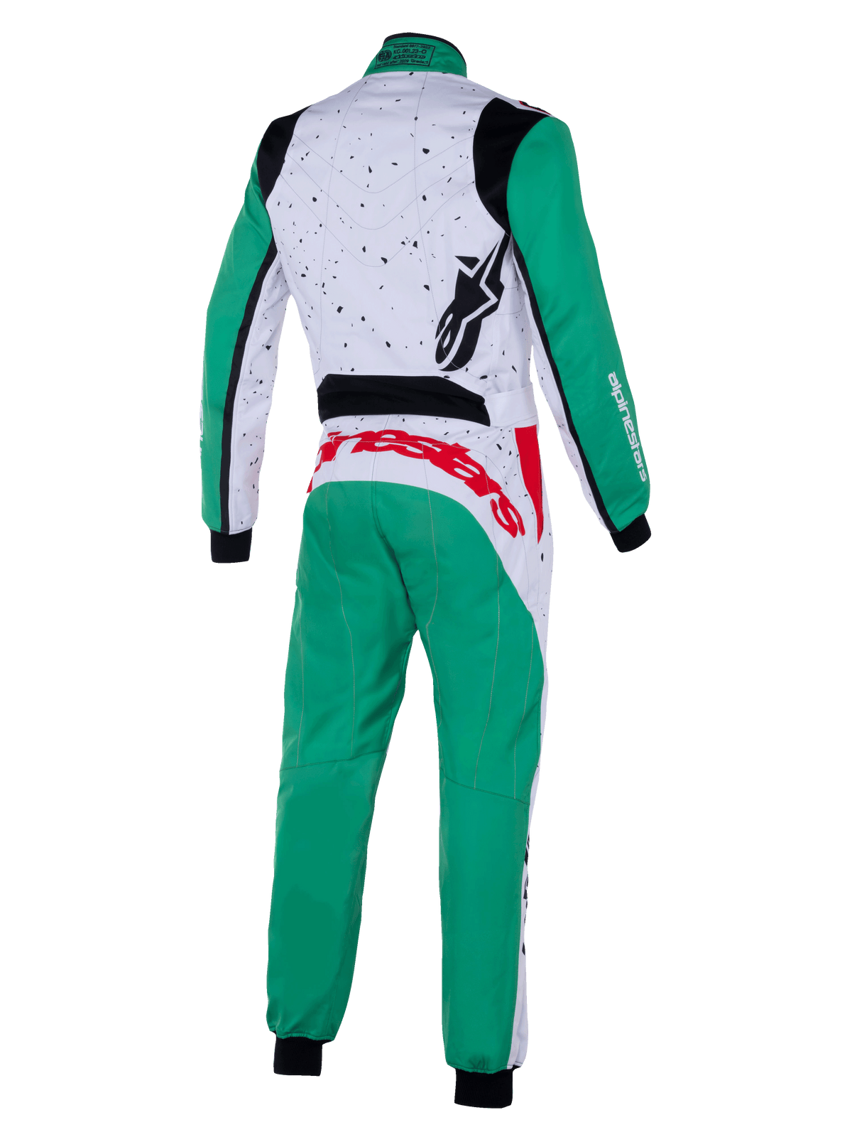 Alpinestars Tuta Youth KMX-9 V3 Graphic 6, tuta da karting, bianco, verde e rosso, vista posteriore, con maniche e pantaloni verdi, parte superiore della schiena bianca con grafiche puntinate nere, marchio Alpinestars rosso in vita, logo nero sulla spalla, abbigliamento professionale da karting