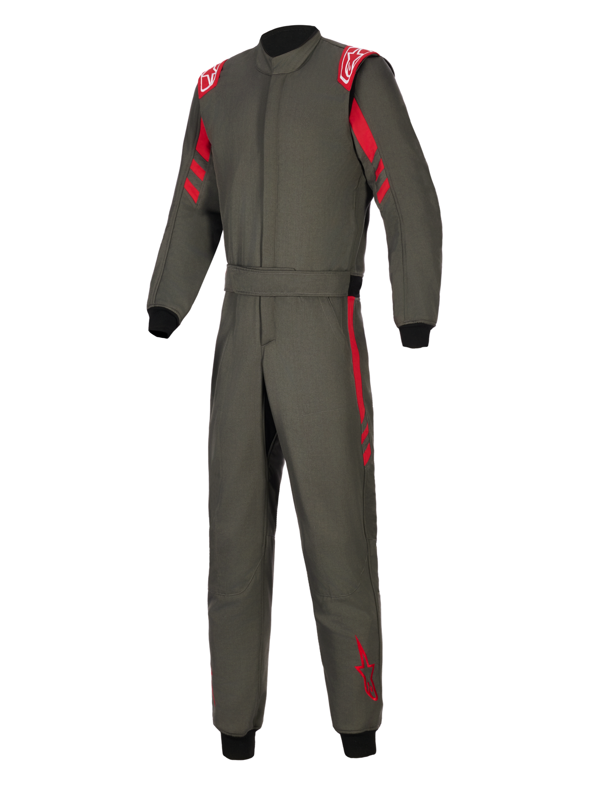 Alpinestars Tuta GP Race V3 FIA, tuta da corsa auto, antracite con accenti rossi, spalline rosse, strisce rosse su maniche e gambe, polsini a coste neri e vita con cintura regolabile, abbigliamento professionale per motorsport