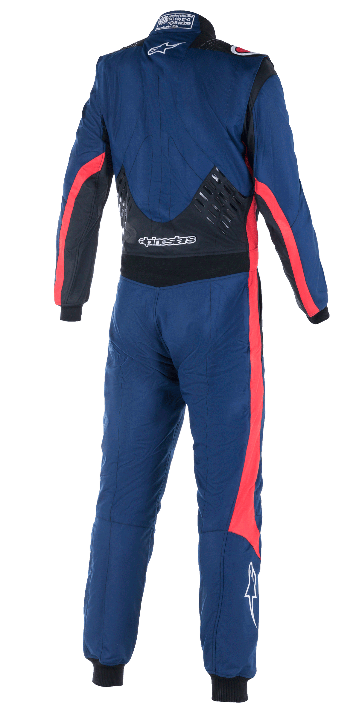 Alpinestars GP Pro Comp V2 FIA Suit, vista posteriore di tuta intera da corsa auto, blu navy con accenti neri e rossi, con pannelli grip in silicone sulla parte bassa della schiena, strisce da corsa rosse su maniche e gambe e marchio Alpinestars bianco, attrezzatura professionale ad alte prestazioni