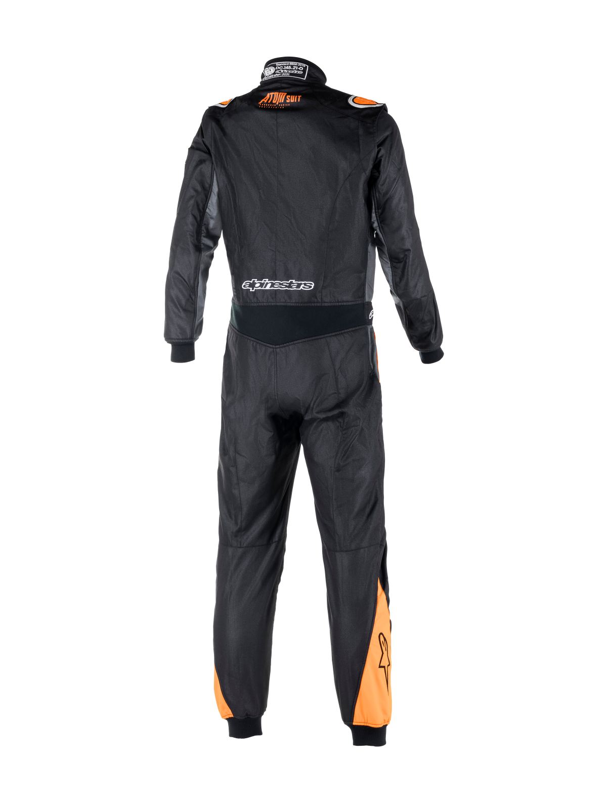 Alpinestars Tuta Atom Graphic, tuta intera da corsa auto certificata FIA, nero e arancione fluo, vista posteriore con pannello elasticizzato in vita, loghi del brand e struttura ignifuga in aramide.