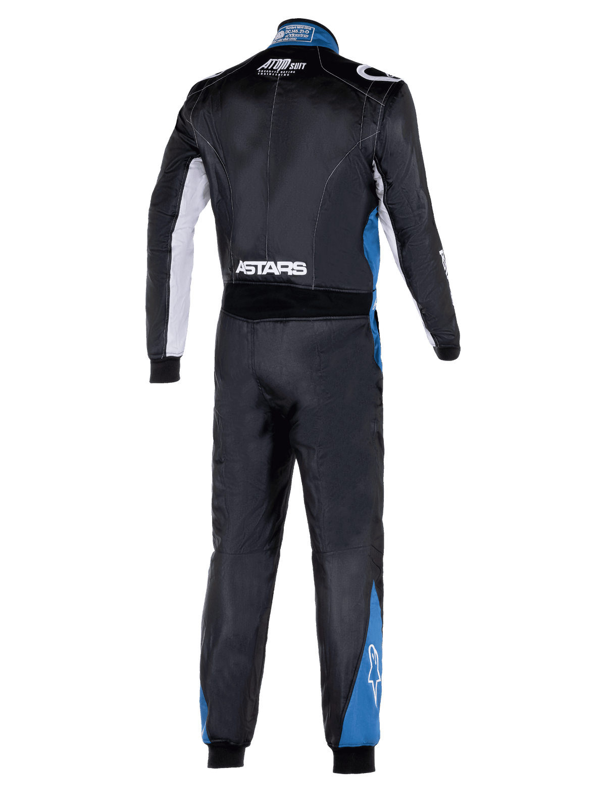 Alpinestars Atom Graphic 4 Suit, vista posteriore completa di tuta da corsa, nero con accenti argento e blu, logo ASTARS bianco in vita e pannelli blu sulle gambe, abbigliamento protettivo professionale da motorsport certificato FIA