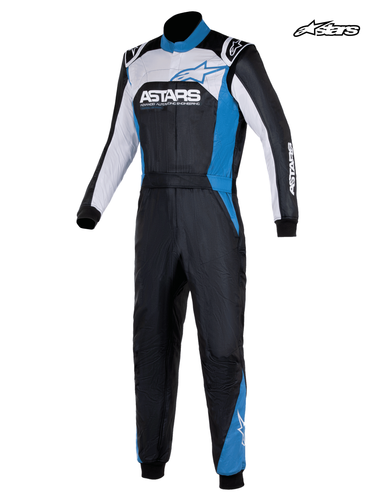 Alpinestars Tuta Atom Graphic 4 - FIA, tuta da auto da uomo in nero, argento e blu, vista frontale che mostra la costruzione a due strati aramidica e la certificazione FIA 8856-2018