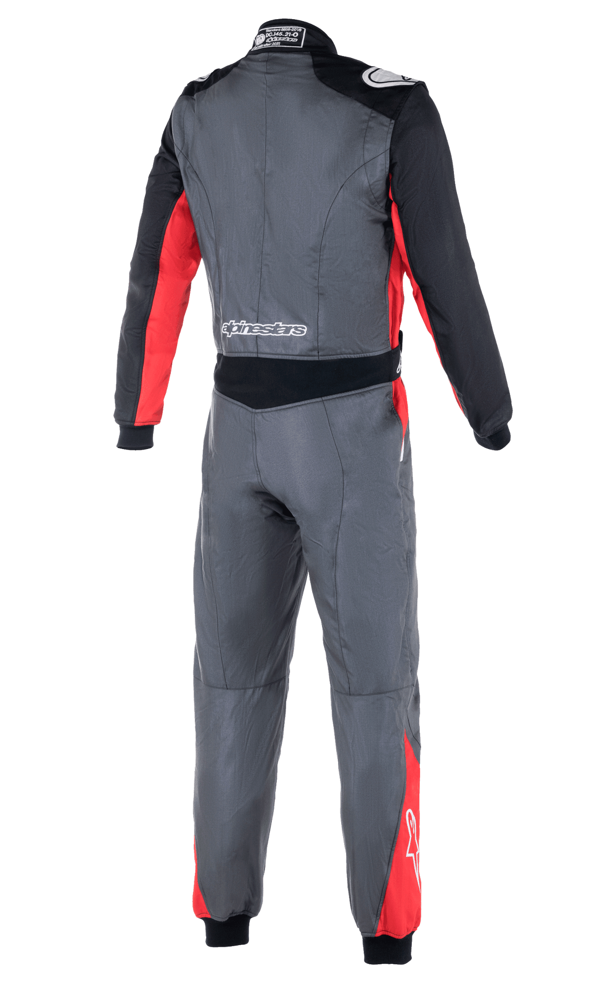 Tuta Alpinestars Atom FIA, tuta da corsa auto, antracite, rosso e nero, vista posteriore che mostra i pannelli elastici in vita, le spalline e il marchio Alpinestars sulla parte bassa della schiena e sulle spalle.