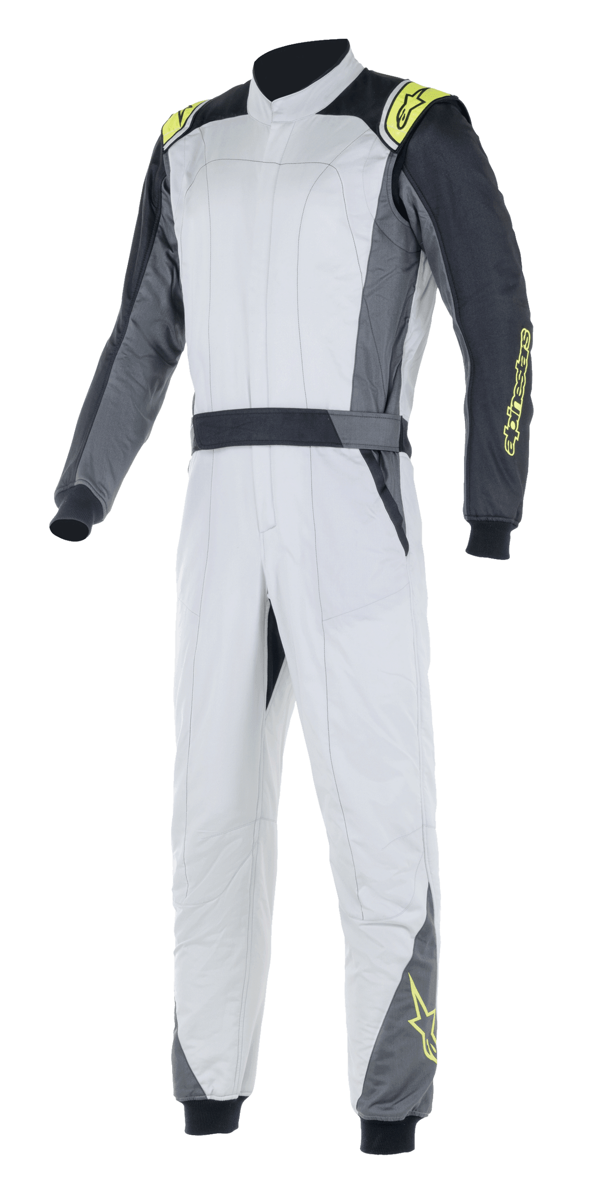 Alpinestars Atom FIA Suit, tuta da corsa automobilistica, argento e antracite con accenti giallo fluo, design monopezzo con collo alto e polsini elasticizzati, abbigliamento protettivo professionale per competizioni automobilistiche