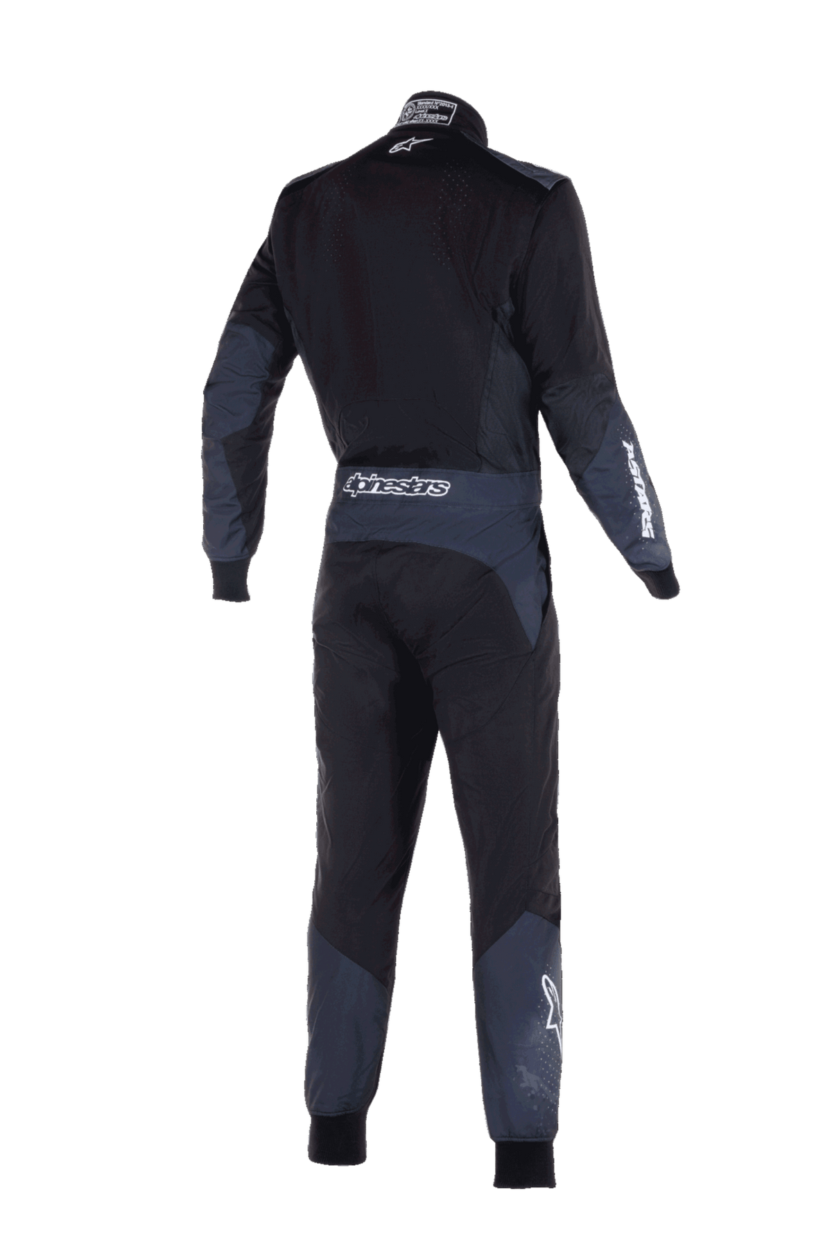 Tuta Alpinestars KMX-5 V3, tuta da karting, nero e dark shadow, vista posteriore con logo Alpinestars bianco sulla vita e sulla manica, pannelli tecnici grigio scuro su braccia e gambe, design sportivo ad alte prestazioni.