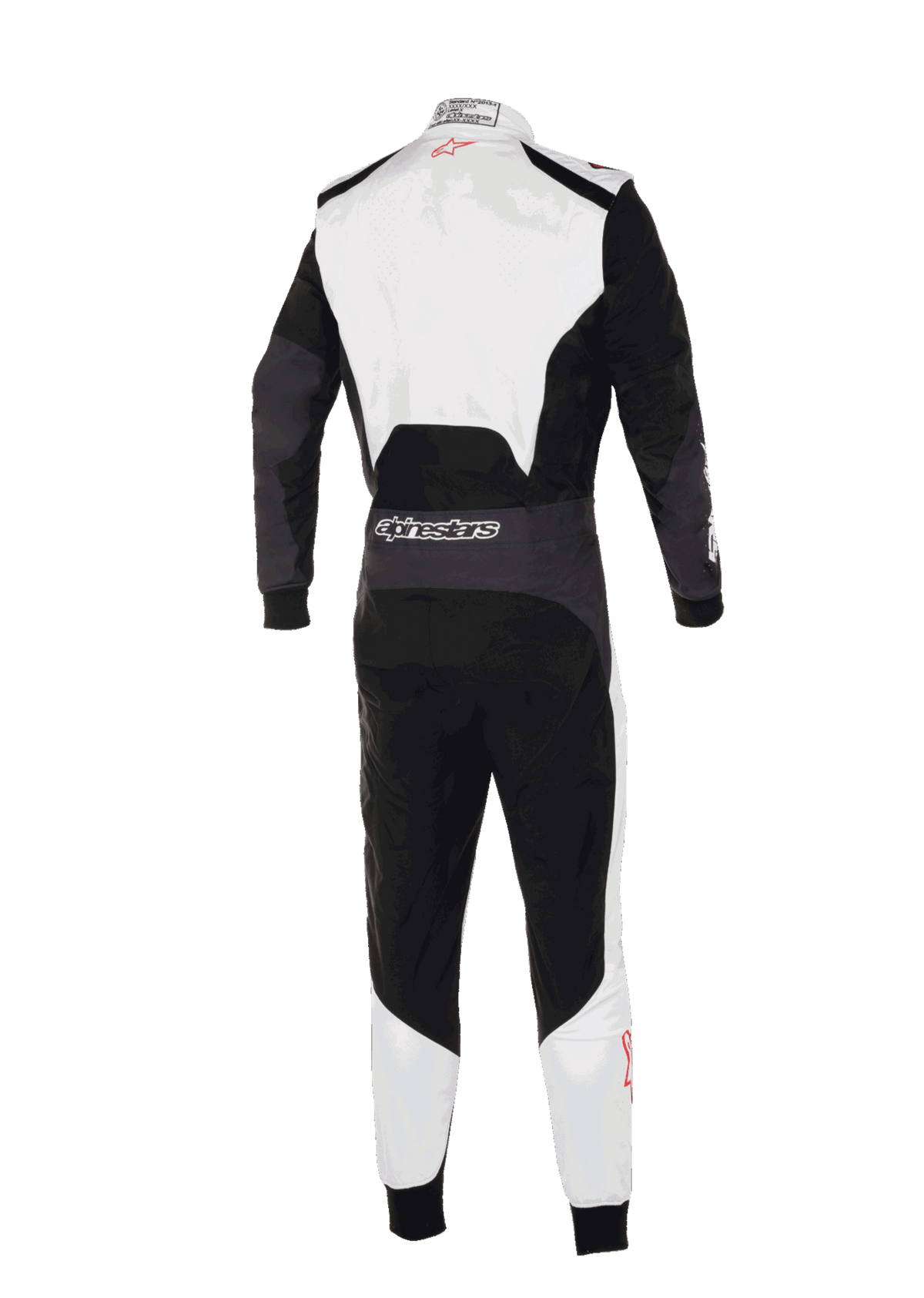 Tuta Alpinestars KMX-5 V3, vista posteriore della tuta professionale da kart, bianco, nero e rosso acceso, con parte superiore della schiena e parte inferiore delle gambe bianche e pannelli principali neri, logo Alpinestars sulla vita posteriore, design ergonomico per competizioni agonistiche.
