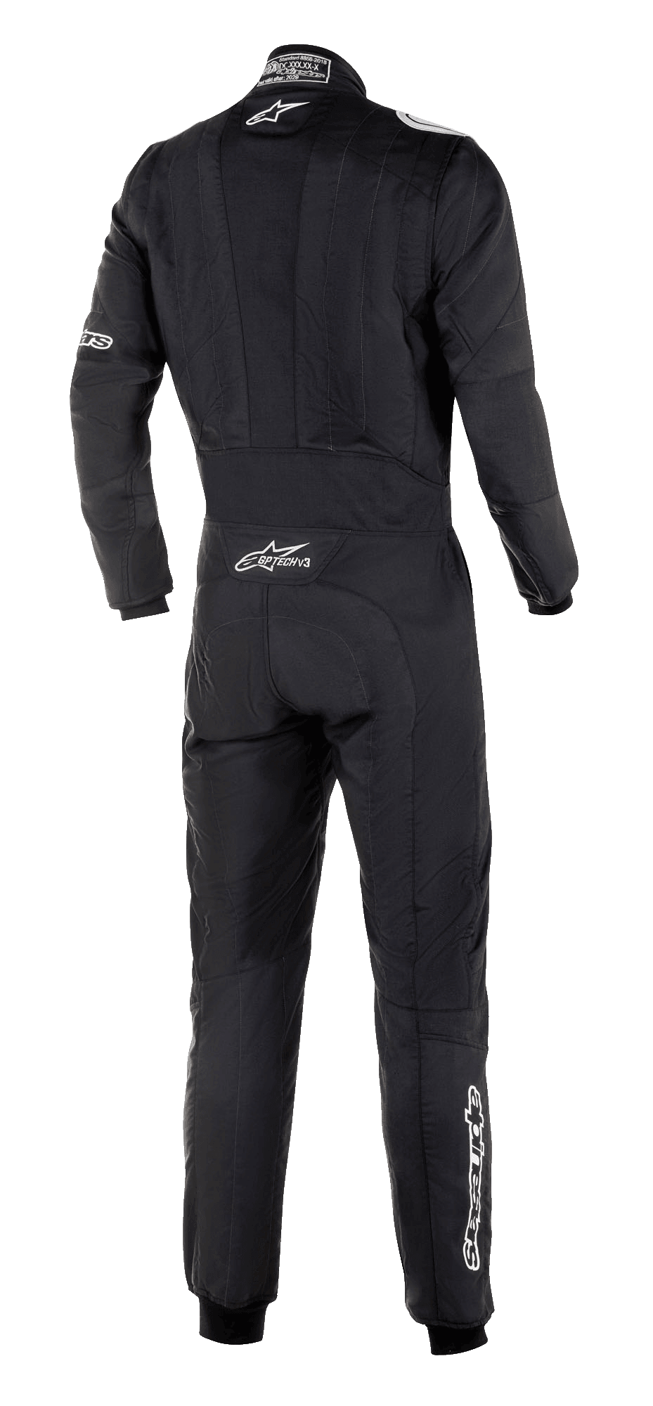 Alpinestars GP Tech V3 Suit FIA, tuta da auto racing, nero, vista posteriore con logo Alpinestars bianco e marchio GP Tech V3 sulla parte bassa della schiena, abbigliamento professionale da motorsport con pannelli elasticizzati visibili e vestibilità atletica