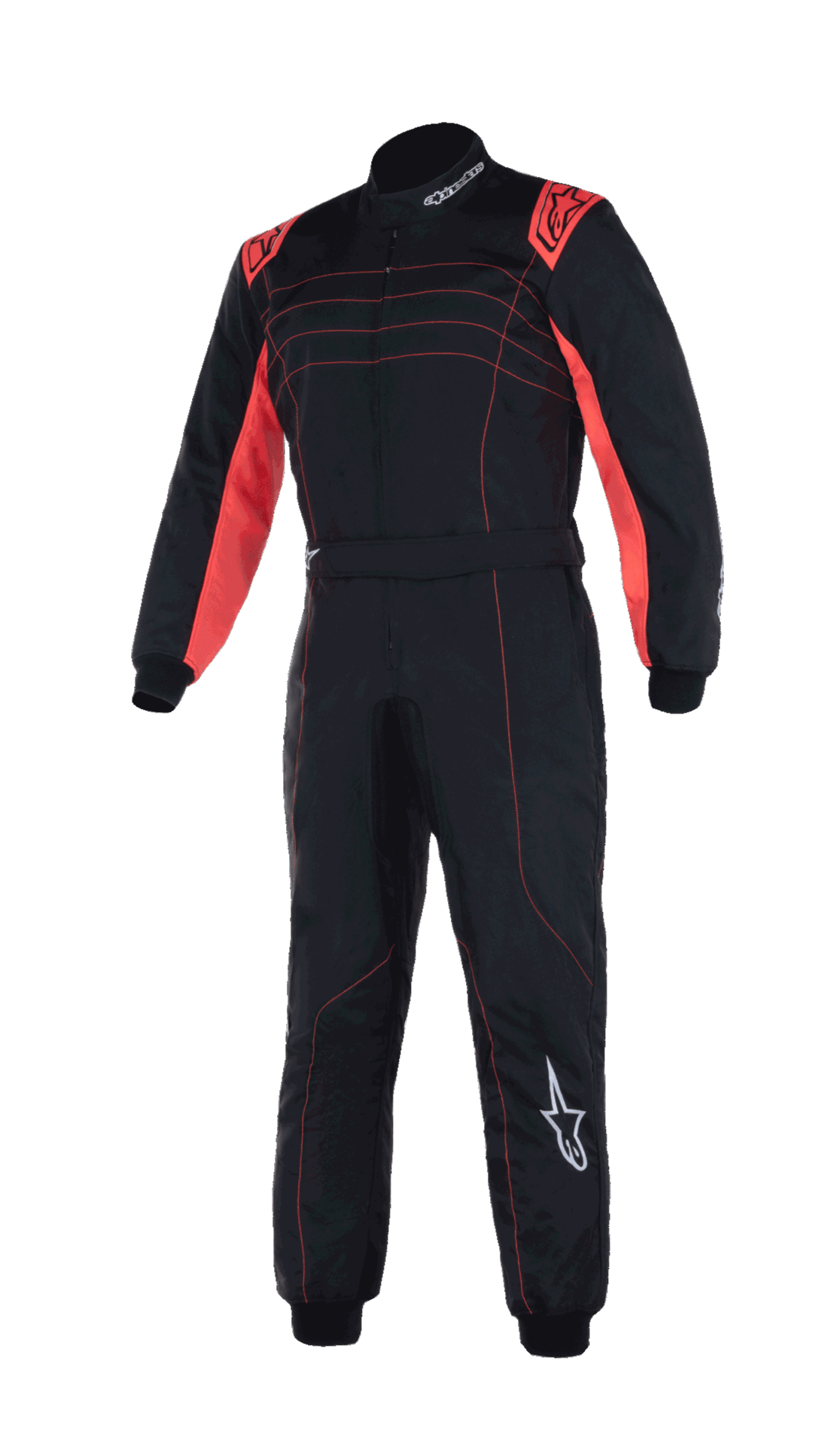 Tuta Alpinestars Youth KMX-9 V3, tuta da karting, nero e rosso fluo, design a pezzo unico con accenti rossi sulle spalle e cuciture, loghi Alpinestars bianchi, costruzione con colletto alto per competizioni giovanili