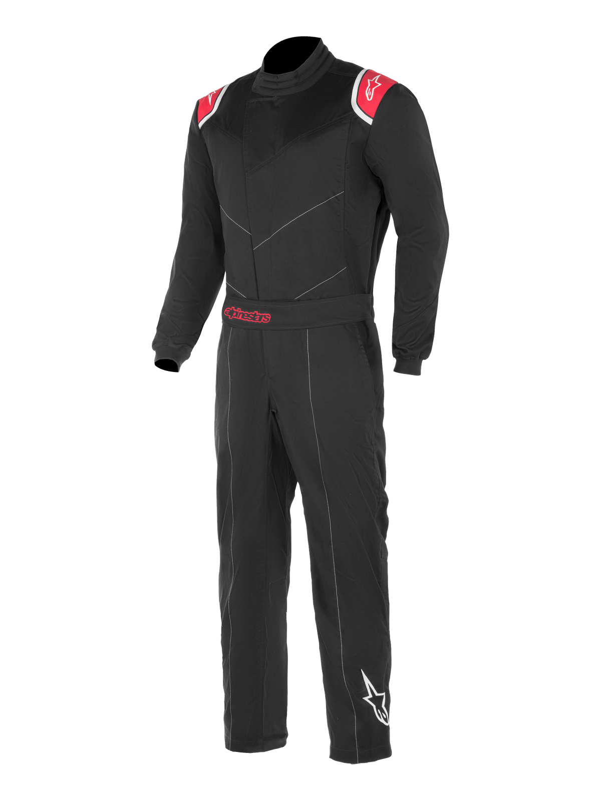 Alpinestars Kart Indoor Suit, tuta da corsa per karting nera e rossa, inserti rossi sulle spalle con loghi a stella bianchi, cintura regolabile con marchio Alpinestars rosso, logo a stella bianco sulla gamba sinistra