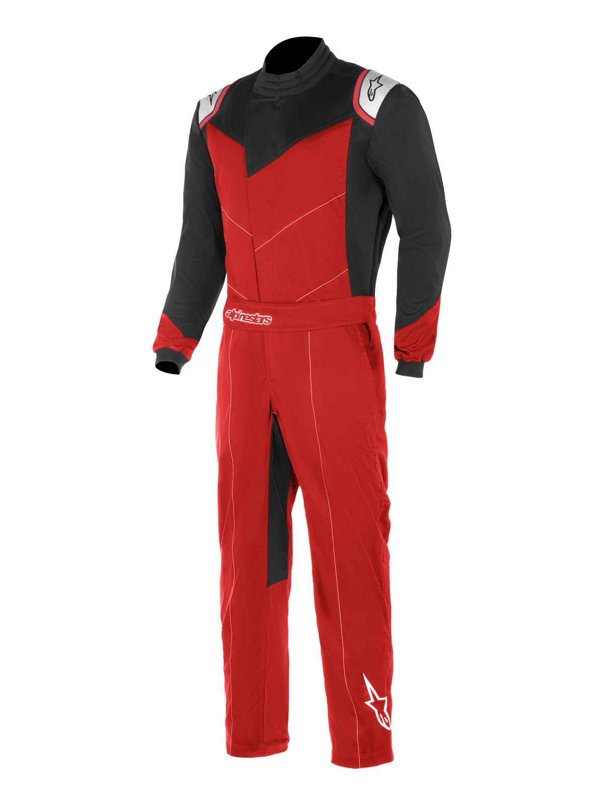 Alpinestars Kart Indoor Suit, tuta da karting, rosso e nero con dettagli bianchi, maniche e pannelli superiori del petto neri, busto e gambe rossi, con apertura frontale asimmetrica e cintura regolabile in vita