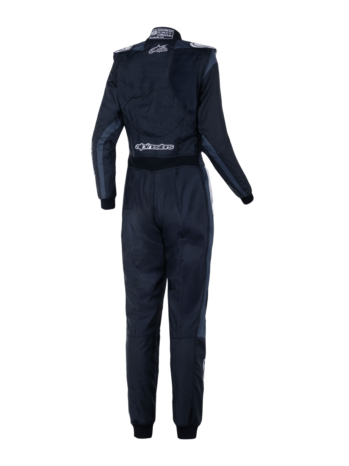 Alpinestars Tuta Stella GP Pro Comp V2 Donna - FIA, vista posteriore, nero asfalto e bianco, con loghi bianchi Stella e Alpinestars, tuta professionale da automobilismo con spalline e pannellatura anatomica per donna.