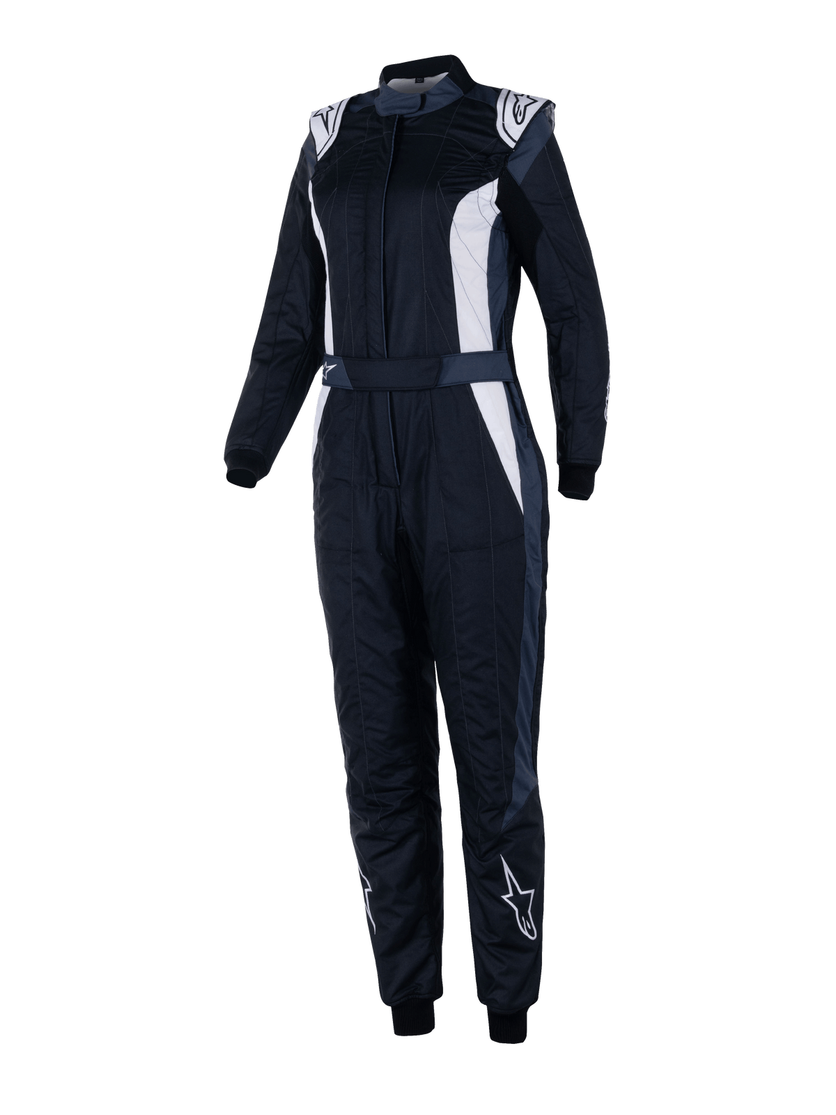 Tuta Alpinestars Stella GP Pro Comp V2, tuta da corsa FIA da donna, nero asfalto e bianco, maniche lunghe con colletto alto, loghi bianchi su spalle e stinchi, cintura regolabile in vita, polsini elastici, design aerodinamico per gare di motorsport professionali
