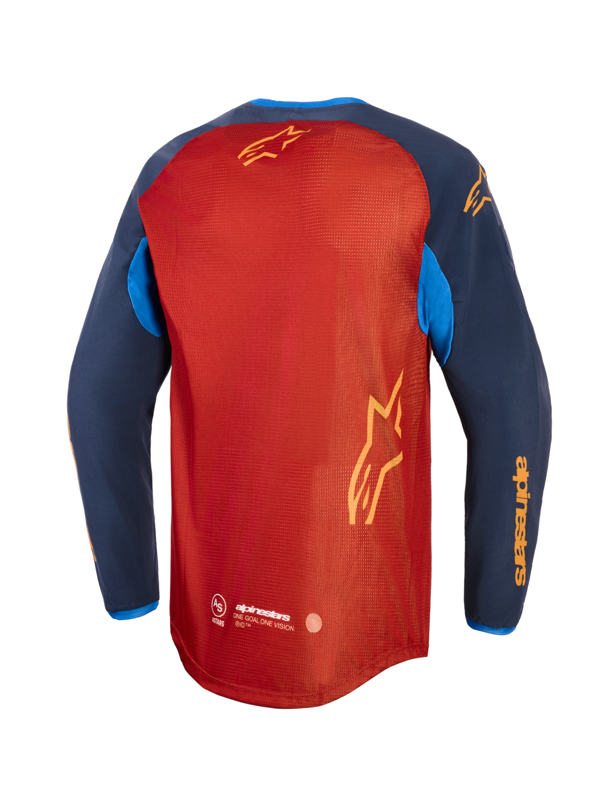 Alpinestars Maxdura Dual Jersey, maglia da moto adventure, marrone ruggine e Mood Indigo con accenti blu brillante, vista posteriore che mostra il torso completamente in rete, orlo posteriore allungato e logo Alpinestars giallo sulle maniche e sul retro