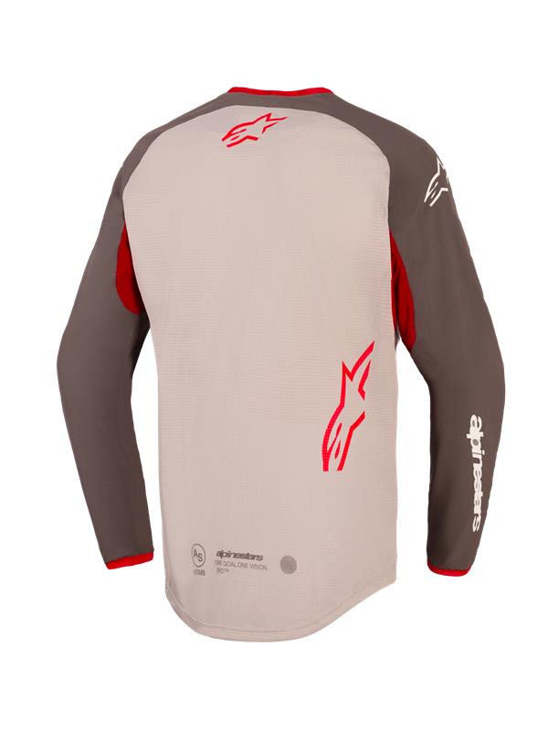 Alpinestars Maxdura Dual Jersey, vista posteriore, colori Aluminum e Walnut con accenti rossi, presenta bordo posteriore allungato e busto completamente in rete, loghi Alpinestars rossi sulla parte superiore e inferiore della schiena, marchio bianco sulla manica, abbigliamento da moto adventure e dual-sport