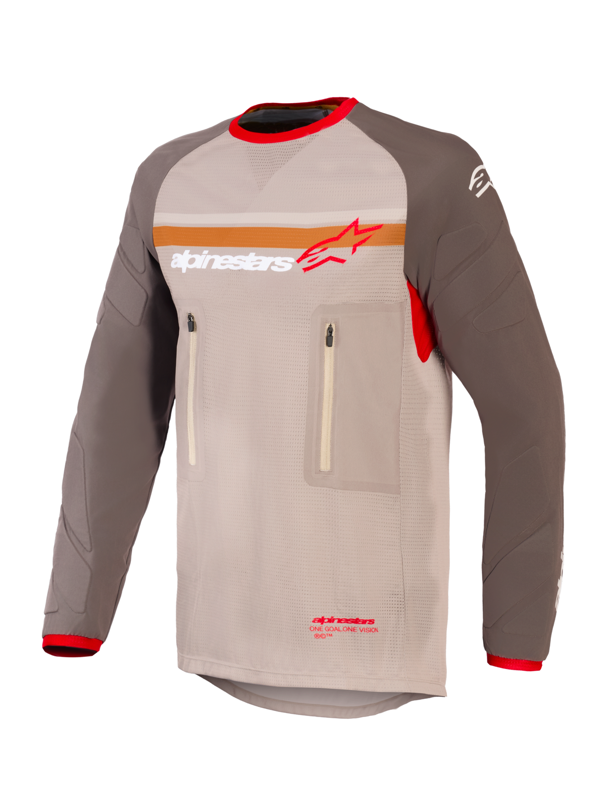 Alpinestars Maxdura Dual Jersey, maglia da moto adventure e dual-sport, Aluminum Walnut e marrone, torso in rete con maniche resistenti all'abrasione, doppie tasche sul petto con cerniera, striscia arancione e logo Alpinestars sul petto, bordo rosso su colletto e polsini