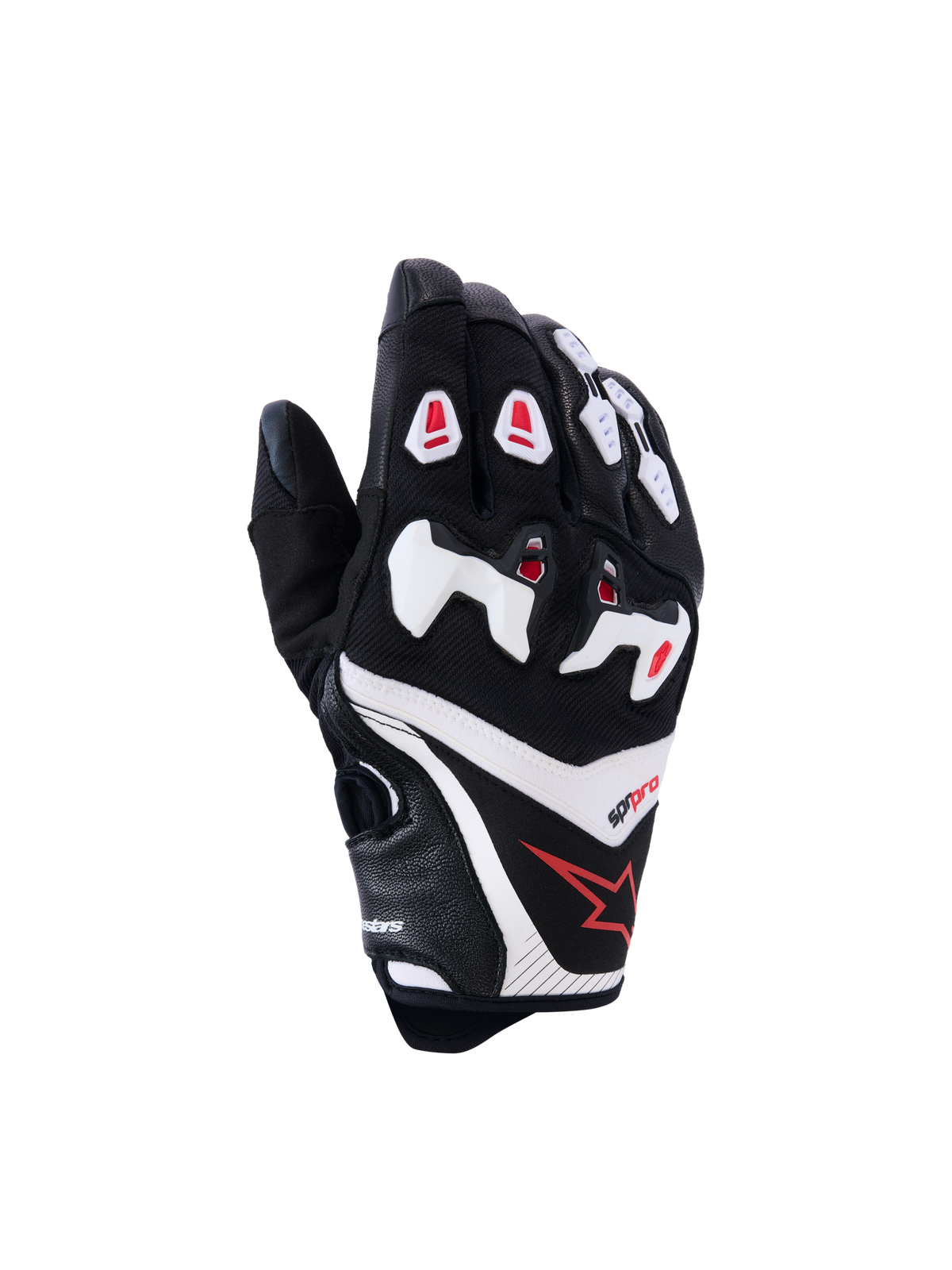 Guanti Alpinestars SP-R Pro, guanti da moto racing, nero con dettagli bianchi e rossi, vista del dorso con protezione delle nocche in TPU divisa, costruzione in pelle testurizzata e mesh, logo con stella rossa sul polso