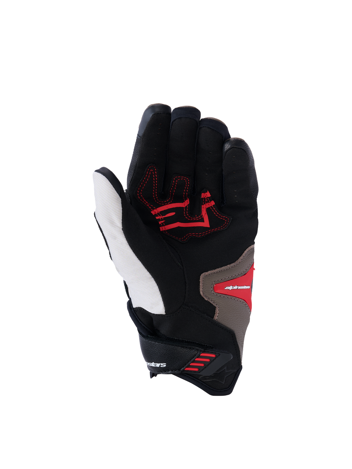 Guanti Alpinestars SP-R Pro, vista del palmo, colorazione Walnut Mastic Black, con inserti grip rossi su base nera e bianca con accenti beige, guanti da moto sportivi a polsino corto con palmo rinforzato e design ergonomico.