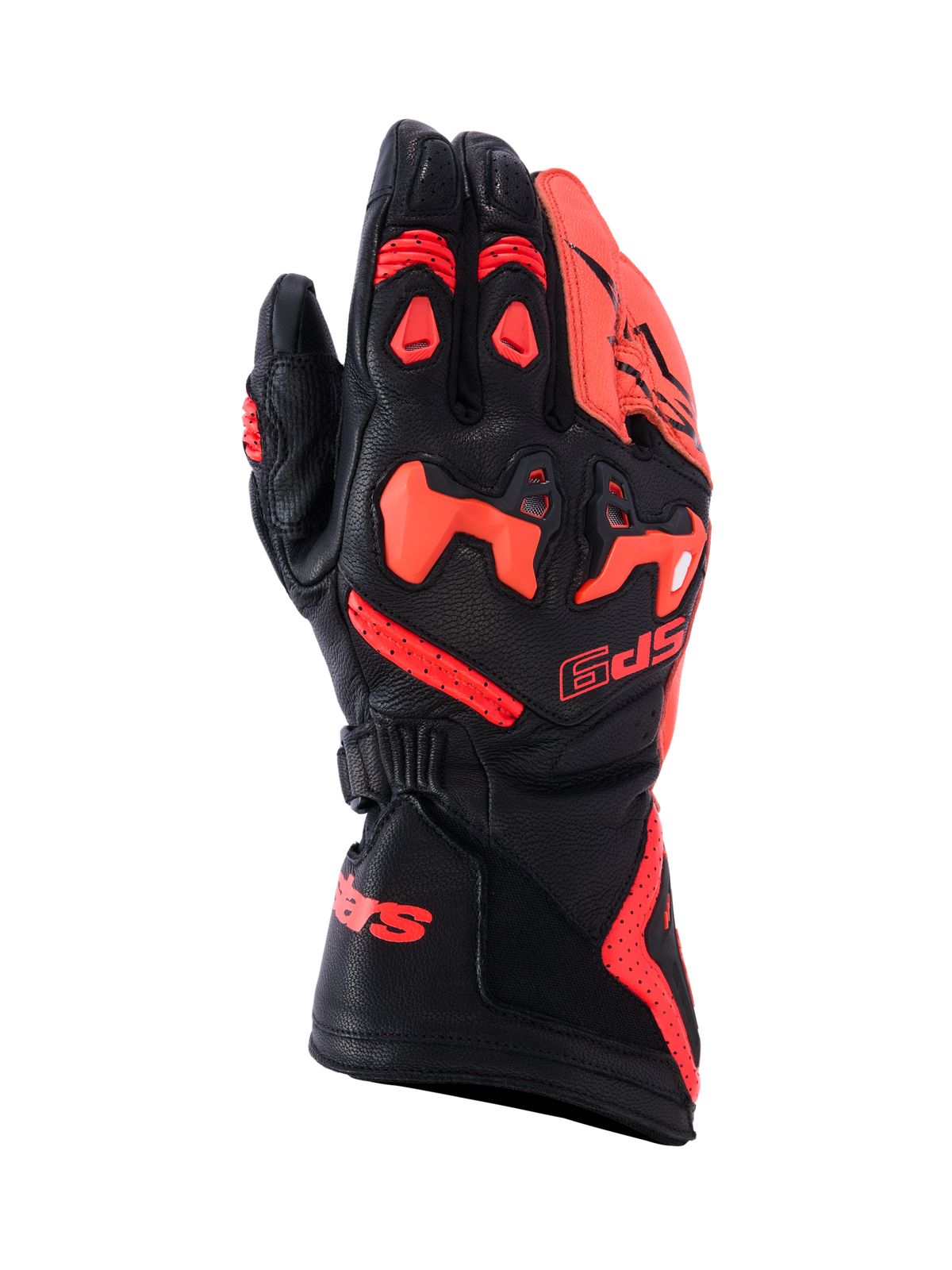 Guanti Alpinestars SP-9, guanti da moto racing e sportivi, nero e rosso fluo, costruzione in pelle di capra pieno fiore con protezione nocche SP-R in TPU diviso, dorso traforato per il flusso d'aria, polsino lungo con logo rosso, equipaggiamento protettivo ad alte prestazioni per guida sportiva.