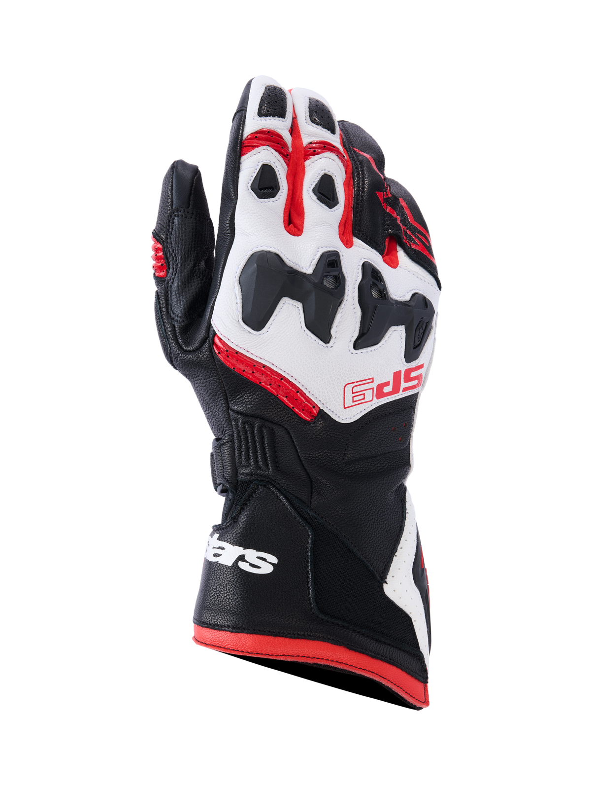 Alpinestars SP-9 Gloves, guanti racing da moto, nero, bianco e rosso brillante, con protezione per le nocche suddivisa SP-R, pelle di capra traforata, marchio SP-9 rosso sul dorso e logo bianco sul polsino lungo a doppia chiusura.